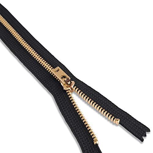 7 Inch Heavy Duty Metal Zipper - Black & Gold Brass Non-Separating Sewing Zipper for DIY Crafts, Leather Projects, Bags & Outdoor Gear