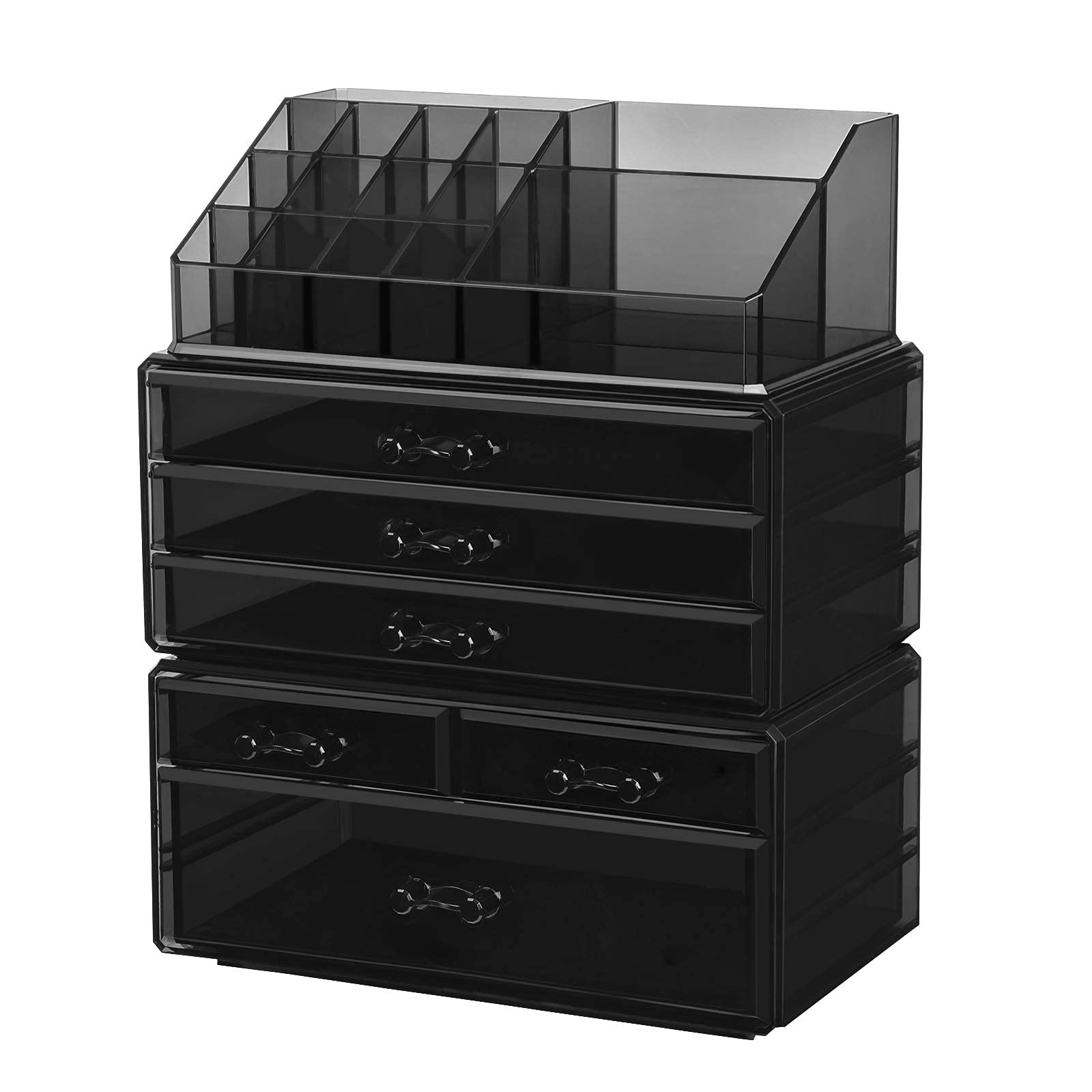 SONGMICS Large Acrylic Makeup Organizer with 6 Stackable Drawers - Cosmetic Storage Box for Eyeshadow Palette, Brushes, Foundation, Lipstick, Nail Polish - Perfect for Vanity, Bathroom & Travel (Black, JKA009BK)