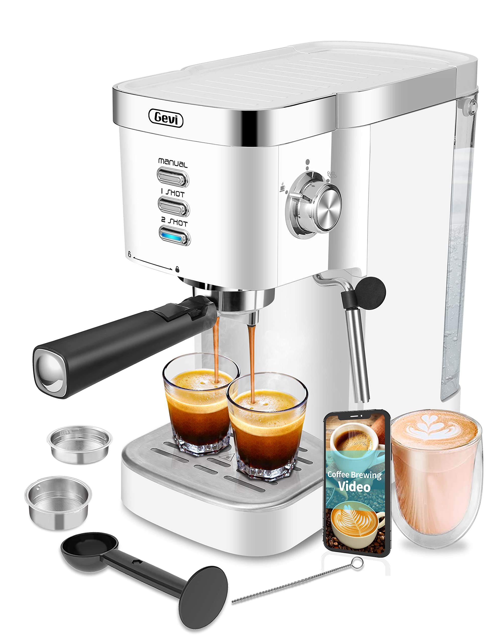 Gevi 20 Bar Espresso Machine with Fast Heating & Milk Frother - Automatic Cappuccino & Latte Maker, 1.2L Removable Water Tank, 1350W, White - Perfect for Home Baristas & Coffee Lovers