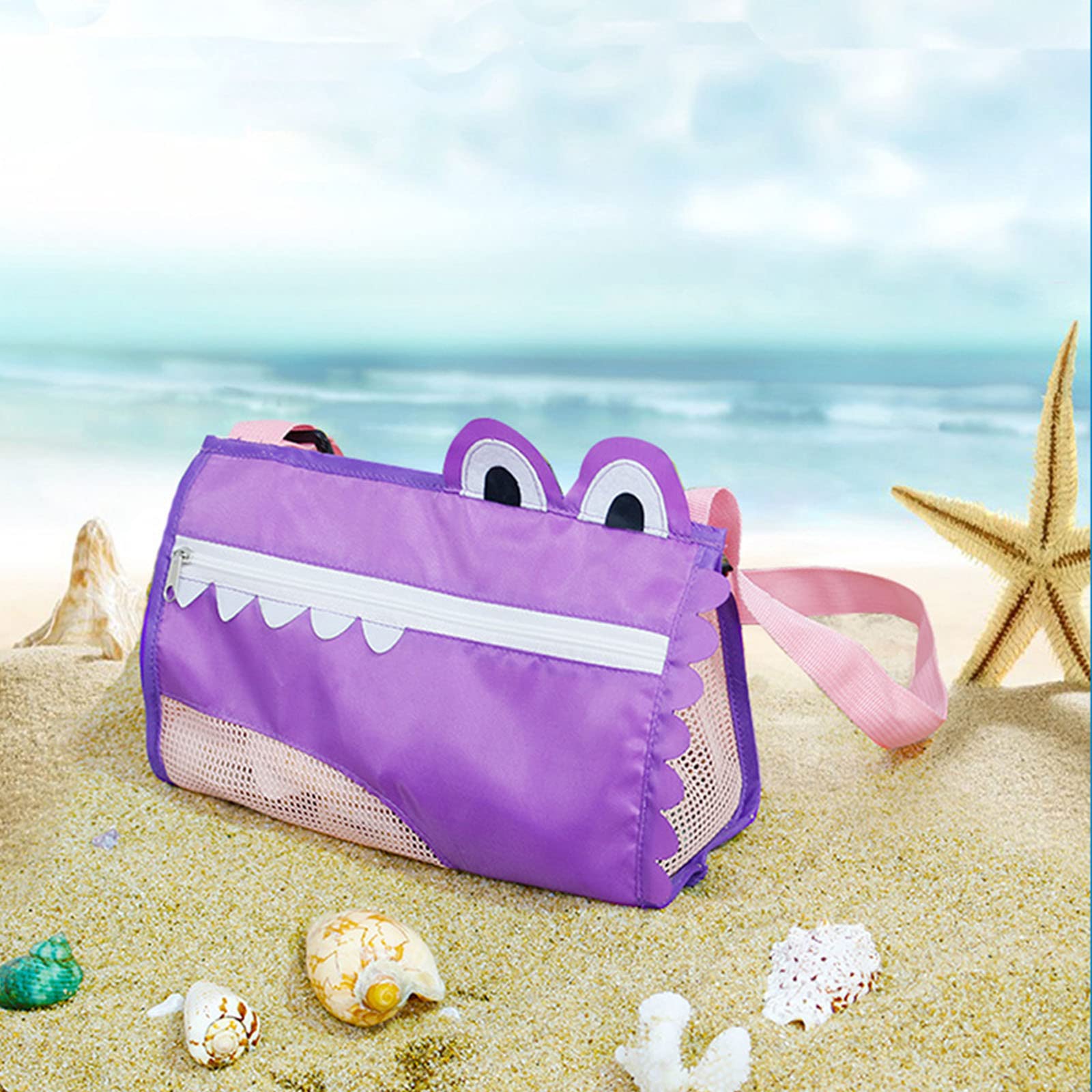 Kids Mesh Beach Toy Storage Bag - Cartoon Shell Collecting Bag for Boys & Girls, Durable Seashell Holder & Beach Toys Organizer - Perfect for Beach Trips, Sandcastle Play & Outdoor Adventures