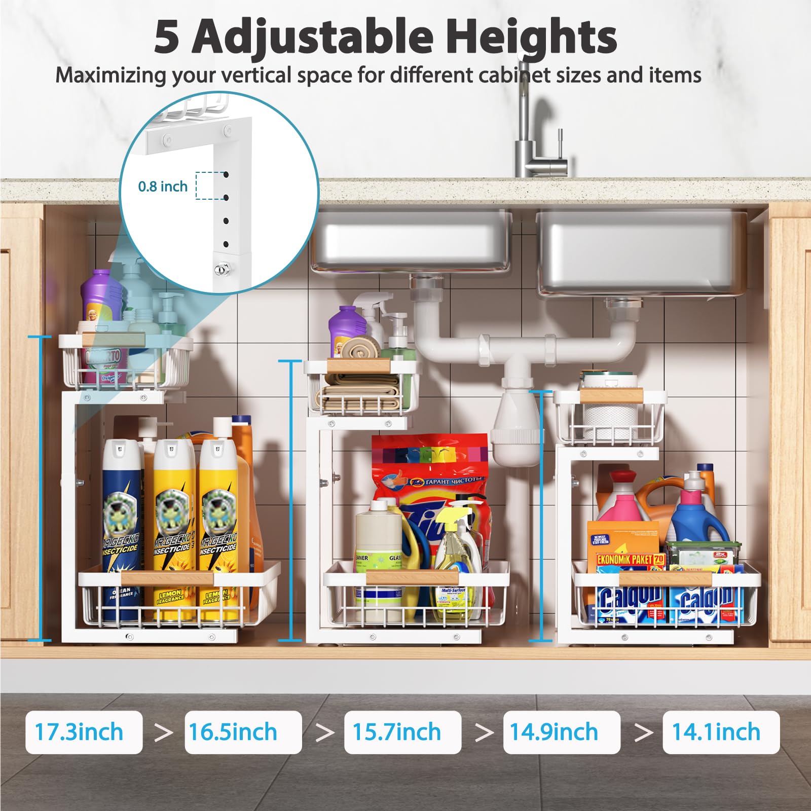 2-Pack Under Sink Organizer with Slide-Out Shelves | Adjustable Height Pull-Out Cabinet Drawers | White Metal Storage Shelf for Kitchen & Bathroom | Perfect for Maximizing Under-Sink Space & Organizing Cleaning Supplies