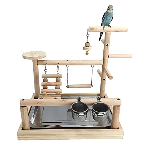 Premium Wooden Parrot Playstand with Ladder, Feeder Cups & Toys - Bird Play Gym, Exercise Perch & Playground for Parakeets, Cockatiels, Conures - Perfect for Cage-Free Playtime & Training Sessions