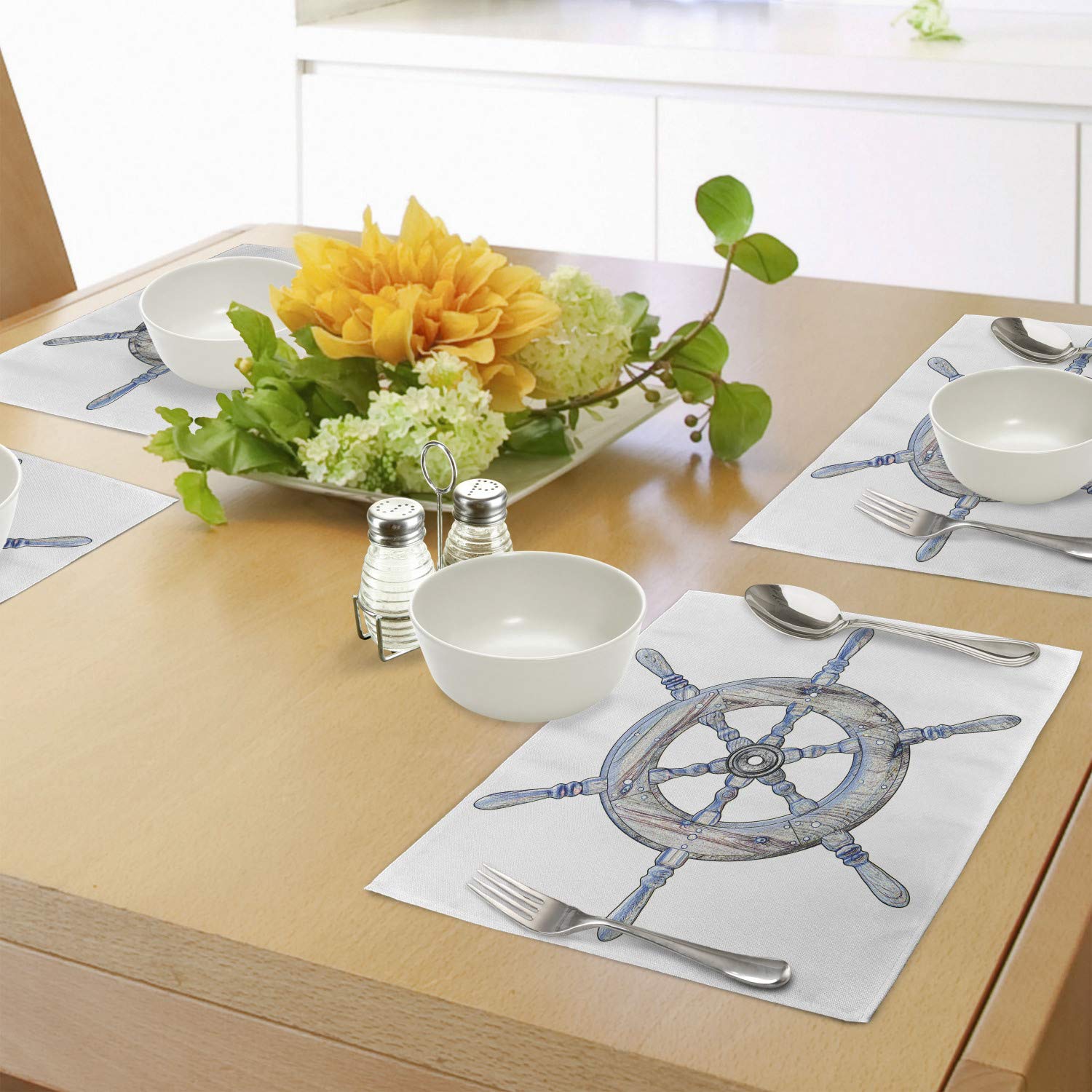 Ambesonne Nautical Place Mats Set of 4 - Wooden Ship Wheel Design on White Background, Ocean Theme Washable Fabric Placemats for Dining Table & Kitchen Decor in Blue & White | Perfect for Beach House, Coastal Theme Dining, and Nautical Party Decorations