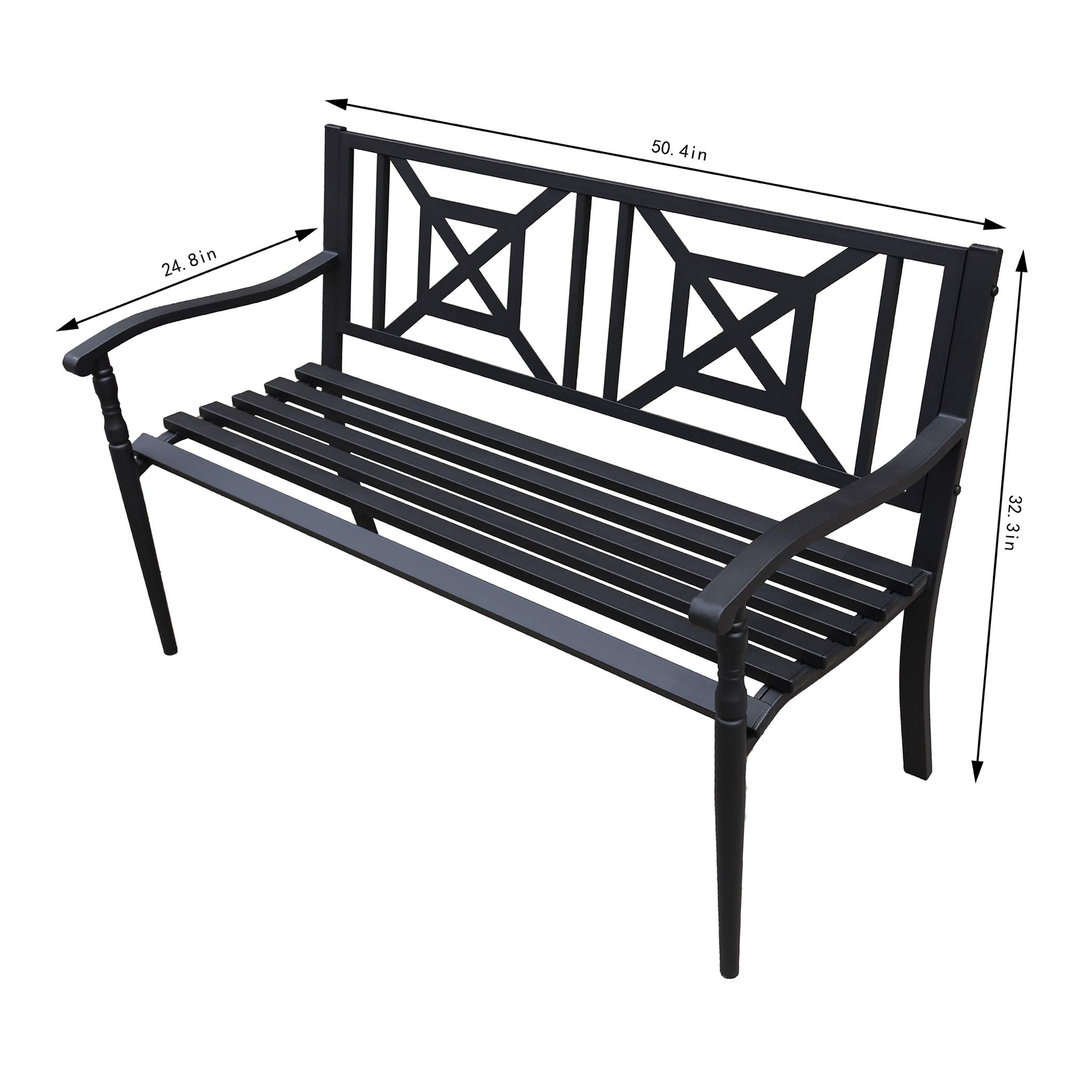 4.1 Ft Steel Frame Garden Bench - Outdoor Patio Chair with Square Design Backrest & Slatted Seat - 2-Person Loveseat for Yard, Park & Garden Seating - Durable Outside Furniture for Relaxing in Backyard, Porch or Deck