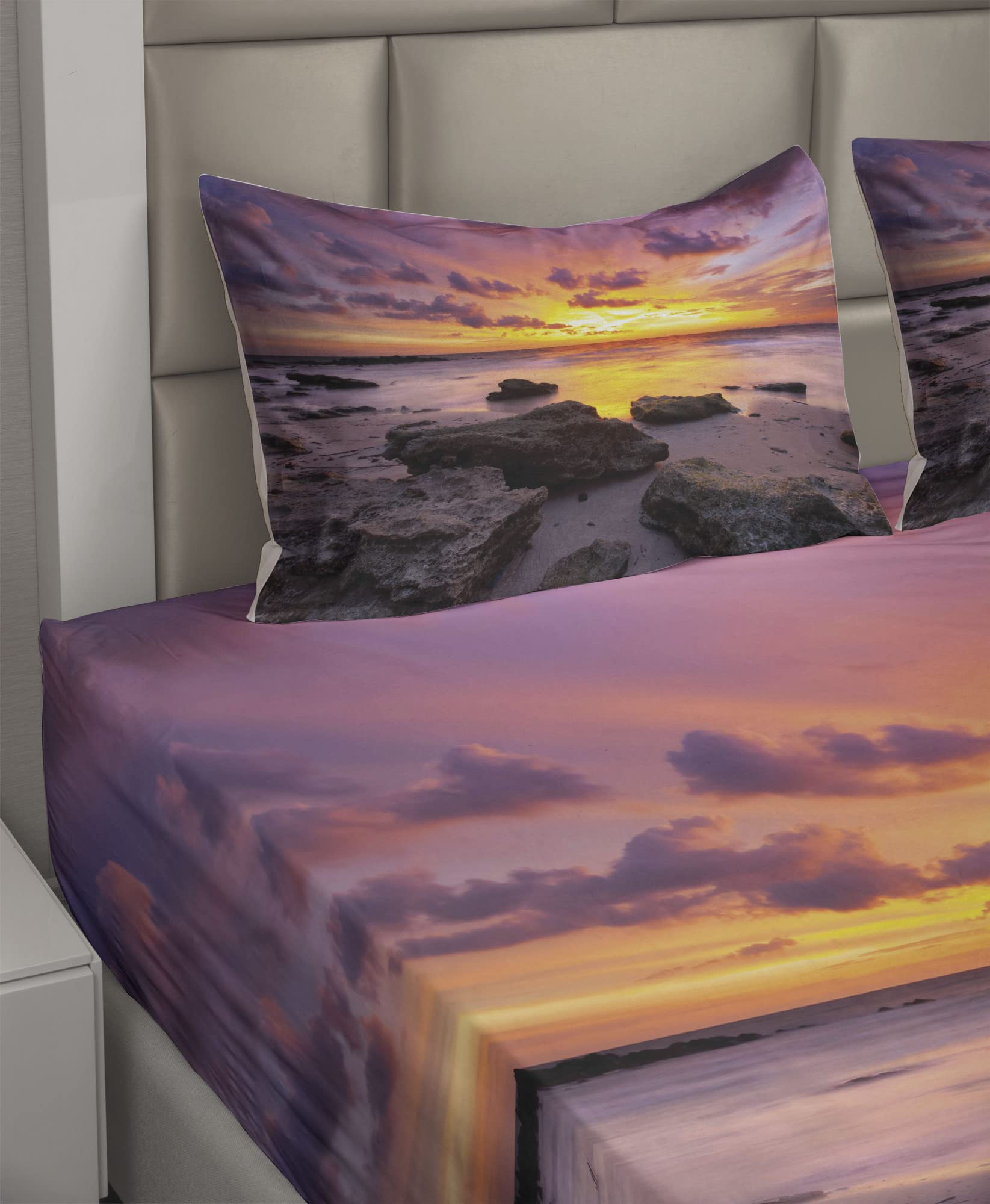 Ambesonne Tropical Beach Sunset King Sheet Set - 4 Piece Bedding with Fitted Sheet, Flat Sheet & Pillowcases - Mauve Salmon Lilac Island Landscape Design - Perfect for Coastal Themed Bedrooms & Vacation Home Decor