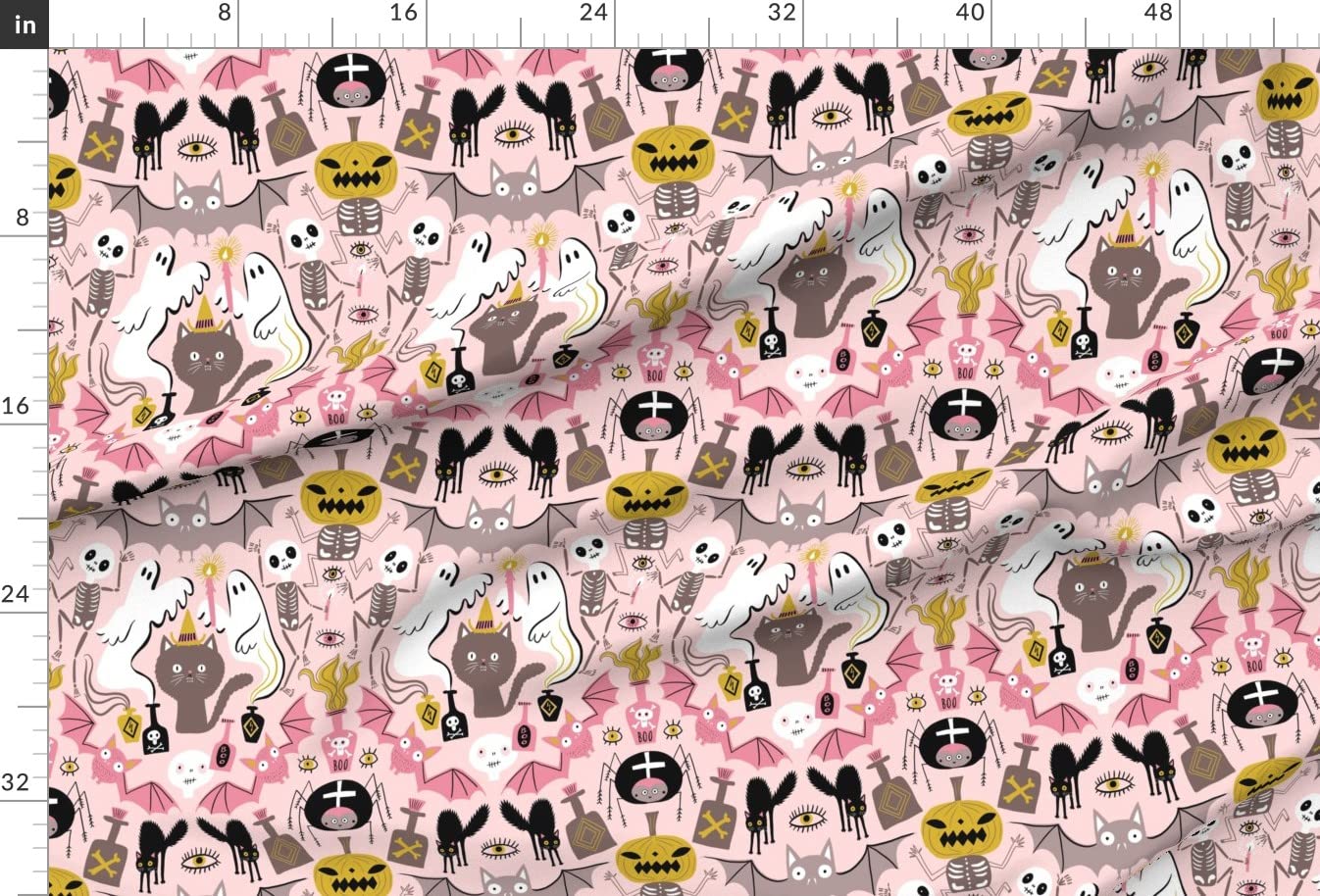 Halloween Cat Rose Bat Skull Skeleton Printed Satin Fabric - Scary Pastel Spider Design for Sewing, Apparel, Blankets & Home Decor - Perfect for Costumes, Quilting & DIY Crafts