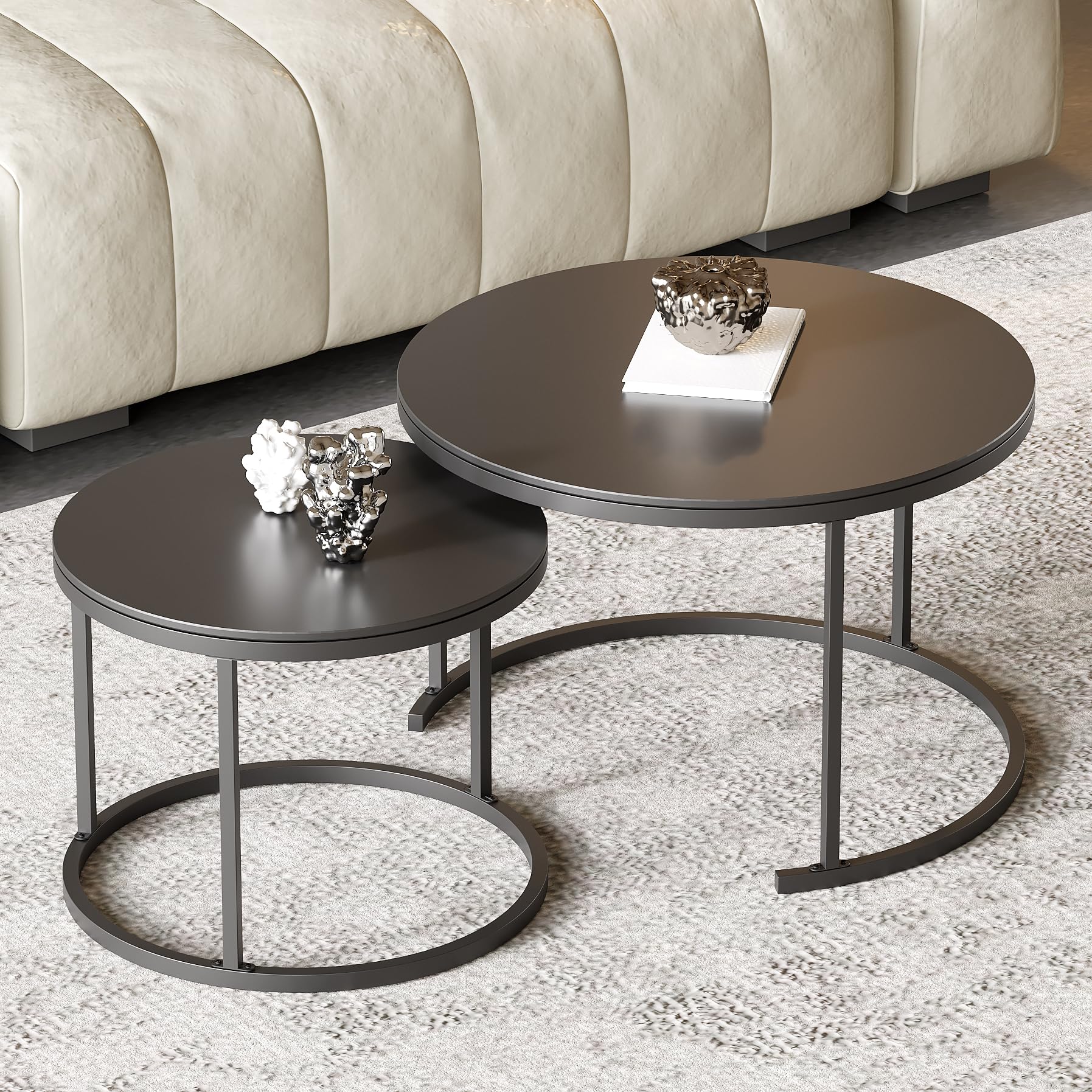 Modern Round Nesting Coffee Table Set of 2 - Black Sintered Stone Top with Sturdy Metal Frame - Living Room Center Table for Small Spaces | Perfect for Apartments, Condos & Cozy Home Decor