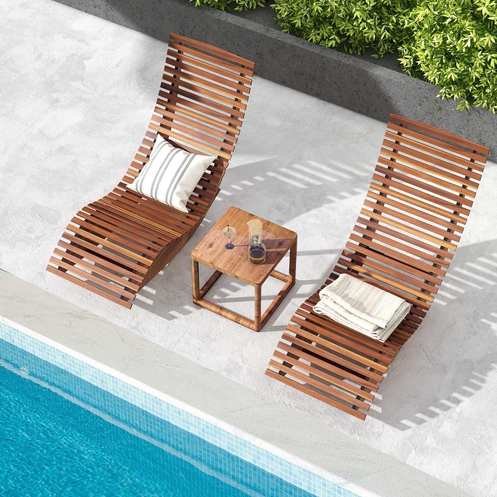 Giantex Outdoor Chaise Lounge Chair Set of 2 - Acacia Wood Patio Lounger with Slatted Design & Rocking Feature, Perfect for Sunbathing, Poolside Relaxation, Beach Lounging, and Backyard Decor