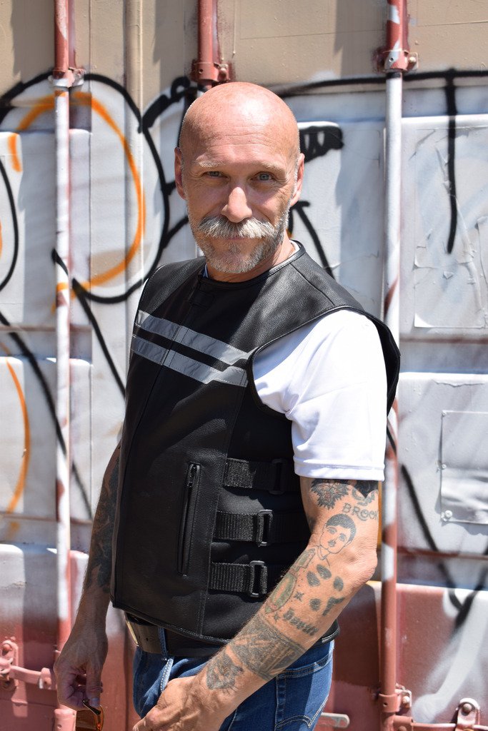 WICKED STOCK Men's Black Cowhide Leather Motorcycle Vest with Reflective Stripes - Biker Jacket for Harley Riding & Outdoor Adventure