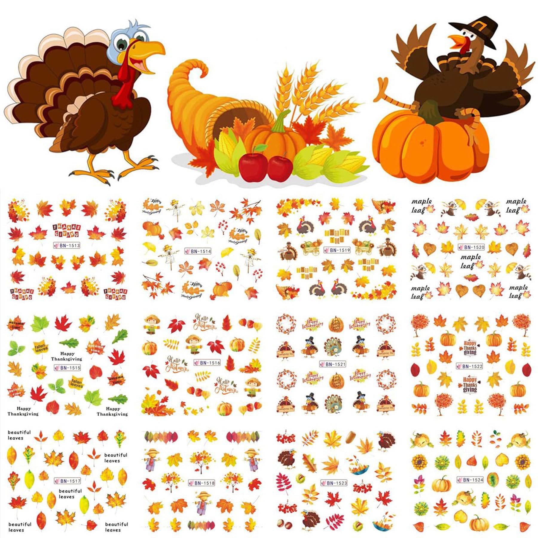 12PCS Fall Nail Art Stickers - 3D Autumn Leaves & Pumpkin Water Transfer Decals, Self-Adhesive Nail Art Supplies for Halloween, Thanksgiving, Seasonal Manicures & DIY Nail Designs
