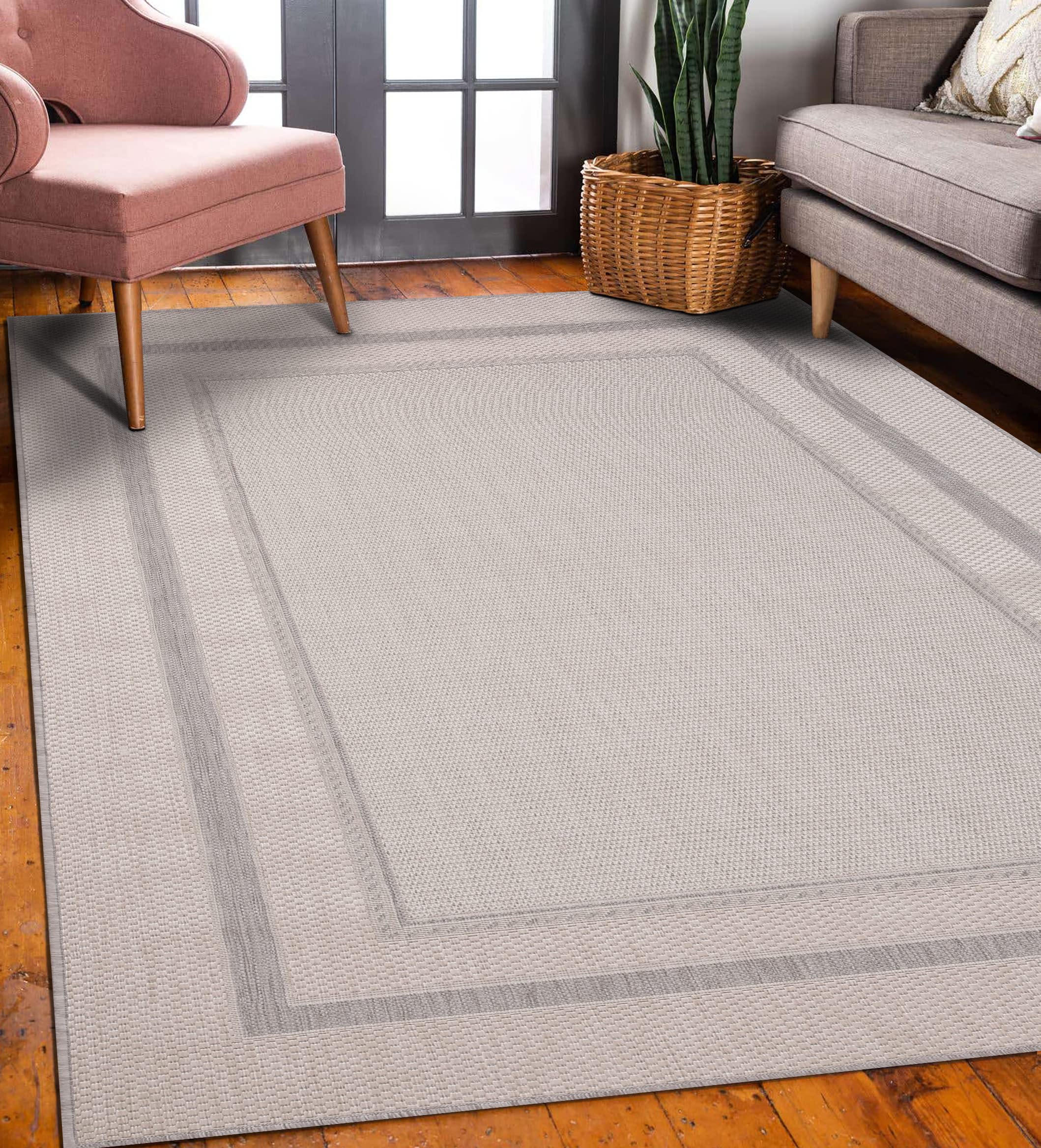 Modern Bordered Indoor/Outdoor Area Rug - Weather Resistant 8x10 Gray Carpet for Porch, Deck, Balcony, Backyard & Patio - Perfect for Outdoor Entertaining & High-Traffic Areas