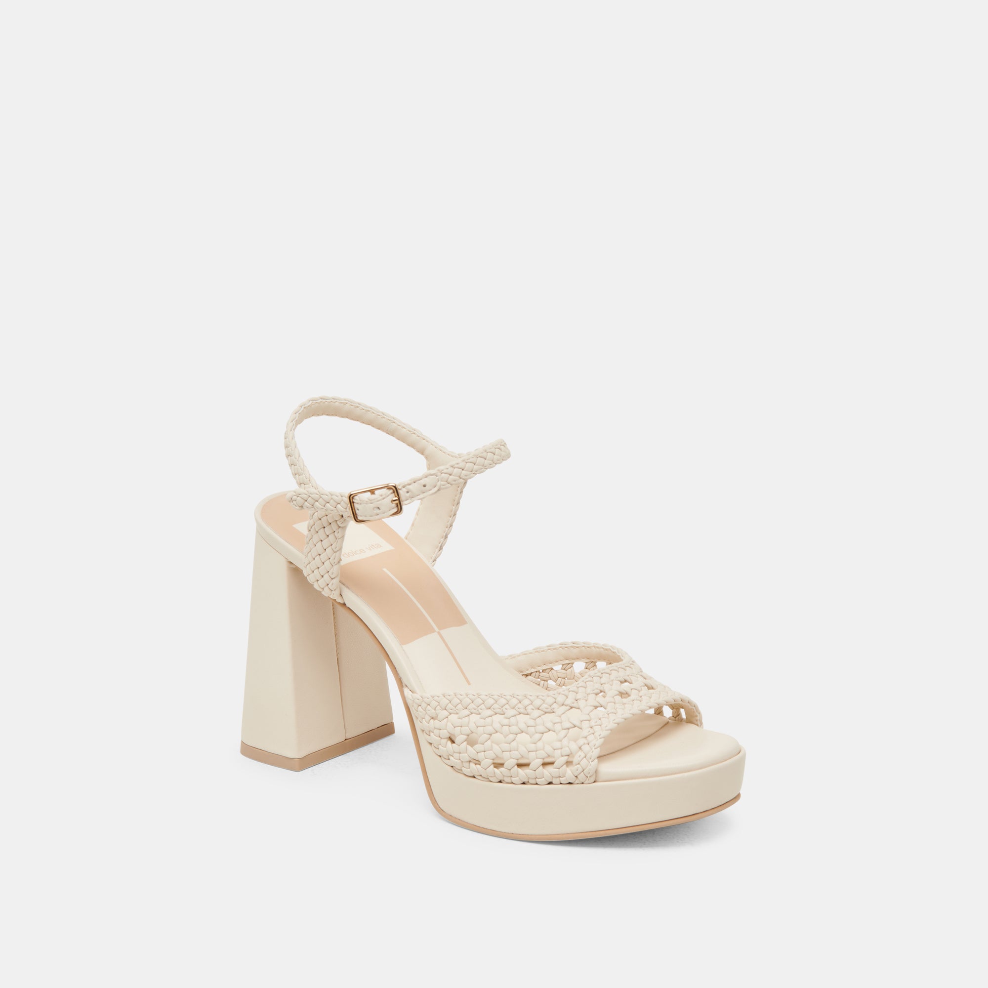 Peyten Women's Wide Heel Sandals - Cream Woven Leather Straps & Comfortable Block Heels for Casual Outings, Weddings & Summer Parties