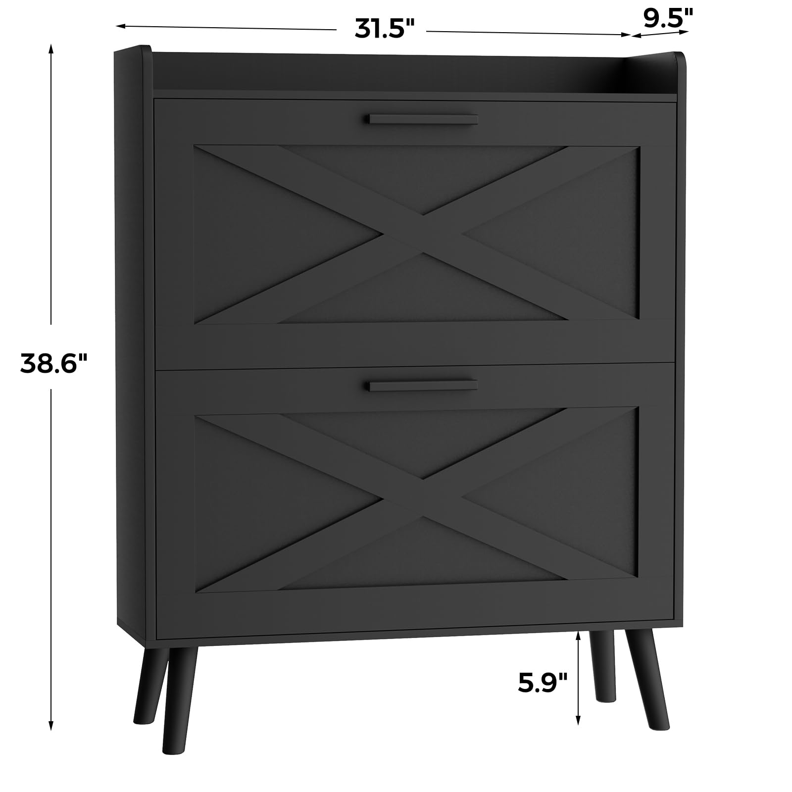 Farmhouse Shoe Storage Cabinet with 2 Flip Drawers & Barn Door Design - Adjustable Shelves Modern Hidden Slim Narrow Shoe Rack for Entryway, Foyer, Hallway - Perfect for Organizing Shoes in Small Spaces, Apartments & Mudrooms (Black)