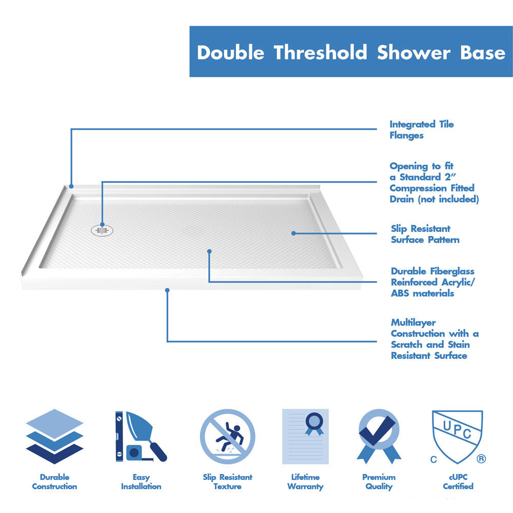 DreamLine Flex 36x60x74.75 Inch Semi-Frameless Pivot Shower Enclosure with SlimLine Base Kit - Modern Bathroom Upgrade for Small Spaces, Easy Installation, Waterproof Design