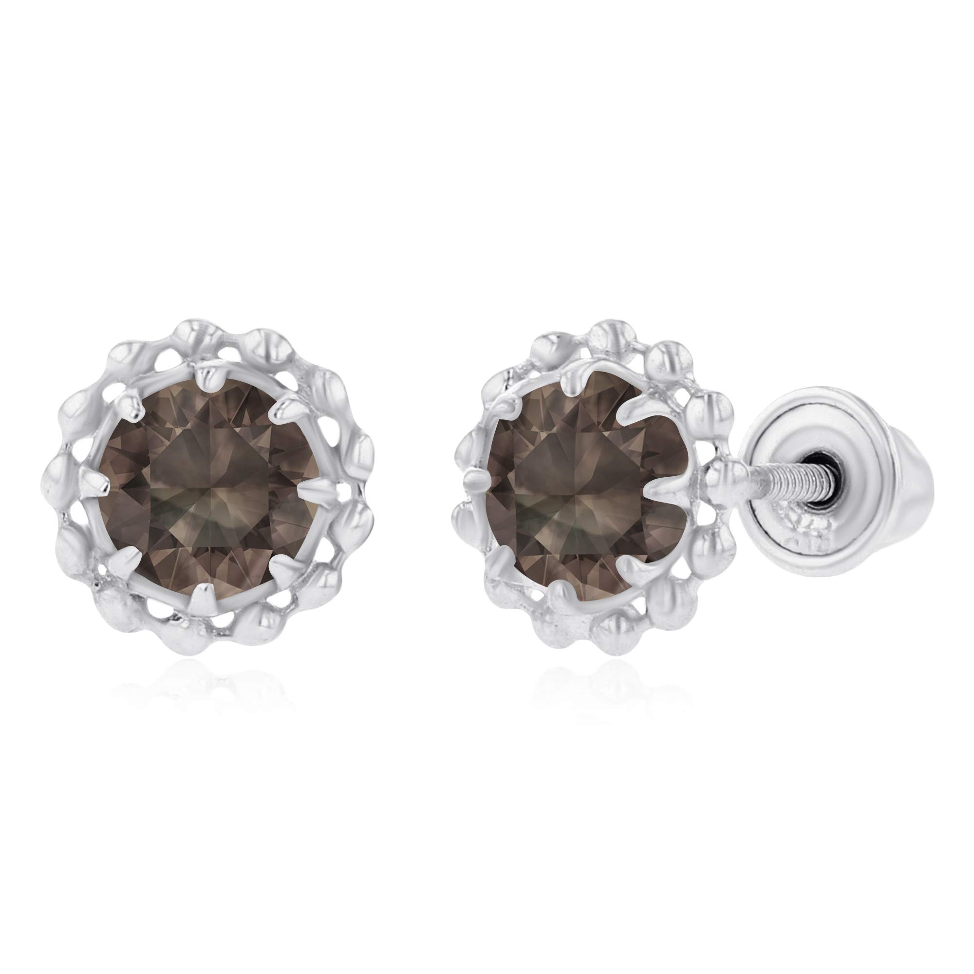 14K Gold Textured Halo Birthstone Stud Earrings for Women | 6mm & 4mm Round Natural Birthstone Screw Back Earrings | Perfect for Gifts, Anniversaries & Everyday Wear