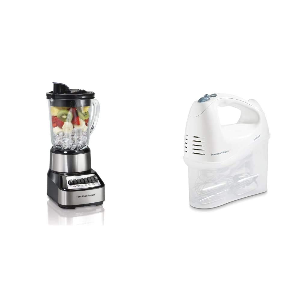 Hamilton Beach Wave Crusher Blender with 40oz Glass Jar & 6-Speed Electric Hand Mixer Set - Includes Snap-On Storage Case, Wire Beaters, Whisk & Bowl Rest - 250W White (62682RZ) - Perfect for Smoothies, Baking & Kitchen Mixing