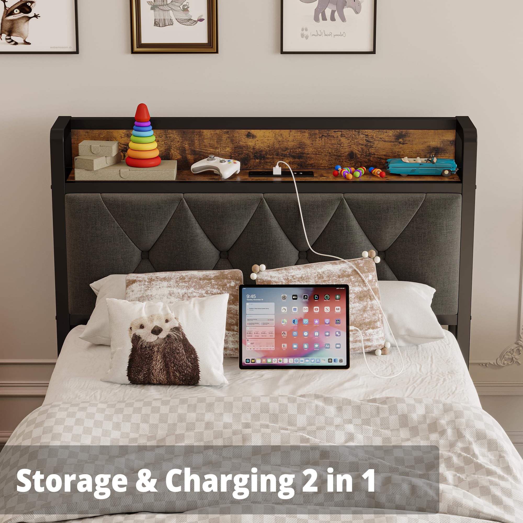 ANCTOR Twin Bed Frame with Storage Headboard & USB Outlets - Easy Assembly, Sturdy Metal Platform Bed, Quiet & No Box Spring Needed - Ideal for Small Bedrooms, Guest Rooms & College Dorms