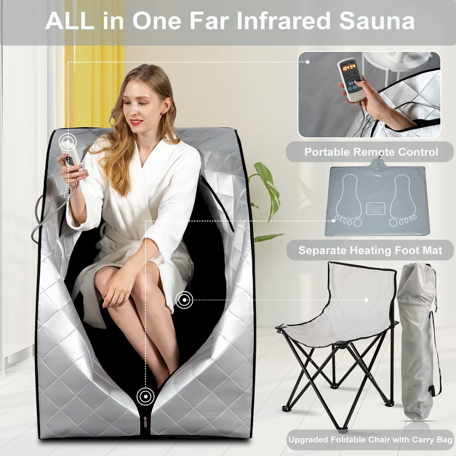 Smartmak Far Infrared Sauna for Home Use - Portable One Person Full Body Spa with Remote Control, Heating Foot Pad & Foldable Chair (27.6