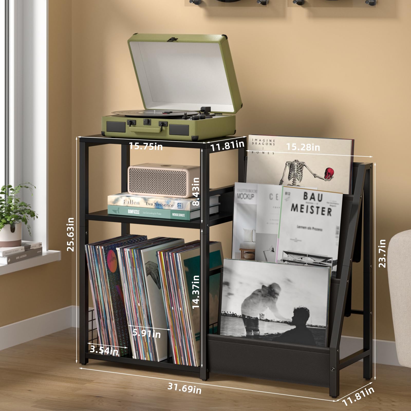 LELELINKY 3-Tier Black End Table with Vinyl Storage - Industrial Record Player Stand Holds 150+ Albums, Side Table with Display Shelf for Living Room, Bedroom & Office - Perfect for Organizing Vinyl Records, Books & Decor