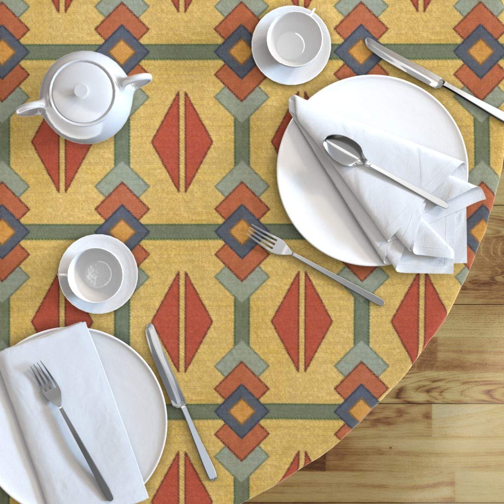 Custom Karamel Kilim Inspired Geometric Vintage Wood Print Cotton Sateen Tablecloth - 90 Inch Round Autumn Colors Table Linens for Dining Room Decor, Thanksgiving Dinner, and Fall Home Decor