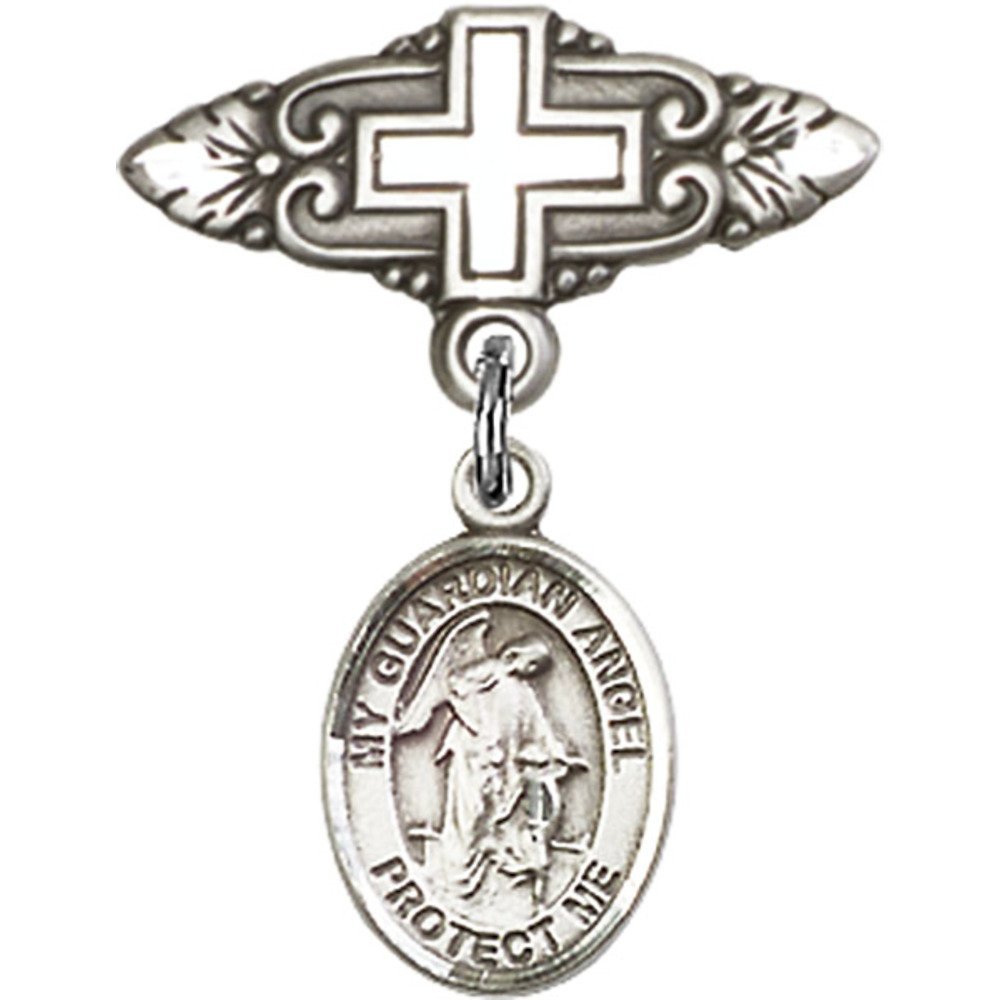 Guardian Angel Sterling Silver Baby Badge Pin with Cross Charm - 1 X 3/4 Inch - Perfect for Christenings, Baptisms & Baby Blessing Ceremonies