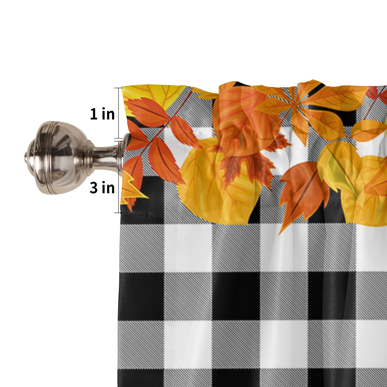 Thanksgiving Kitchen Curtains Set - Autumn Maple Leaf & Black Buffalo Plaid Rod Pocket Tier Curtains 24