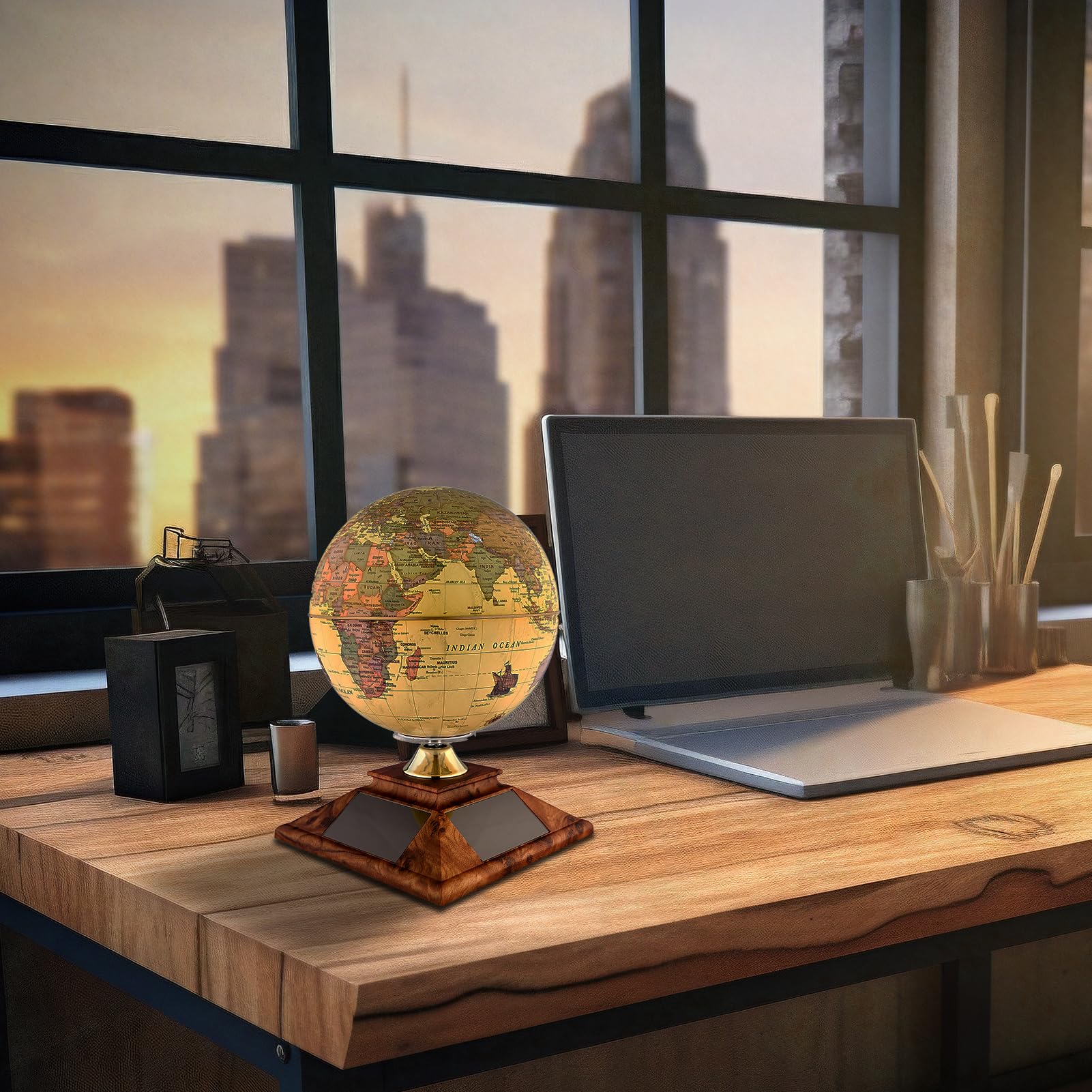 5.5 Inch Solar Powered Rotating World Globe - Educational Geographic Desktop Decor with Stand | No Batteries or Wires Needed | Perfect for Home Office, Classroom & Gift Giving (Beige)