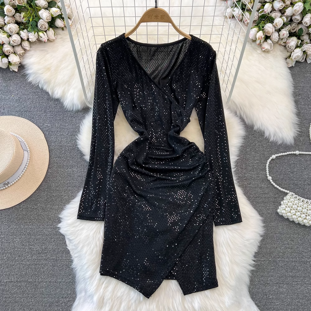Elegant Long Sleeve V-Neck Sequined Snake Print Dress for Women | Fall & Autumn Party Wear | Perfect for Cocktail Parties, Date Nights & Holiday Events