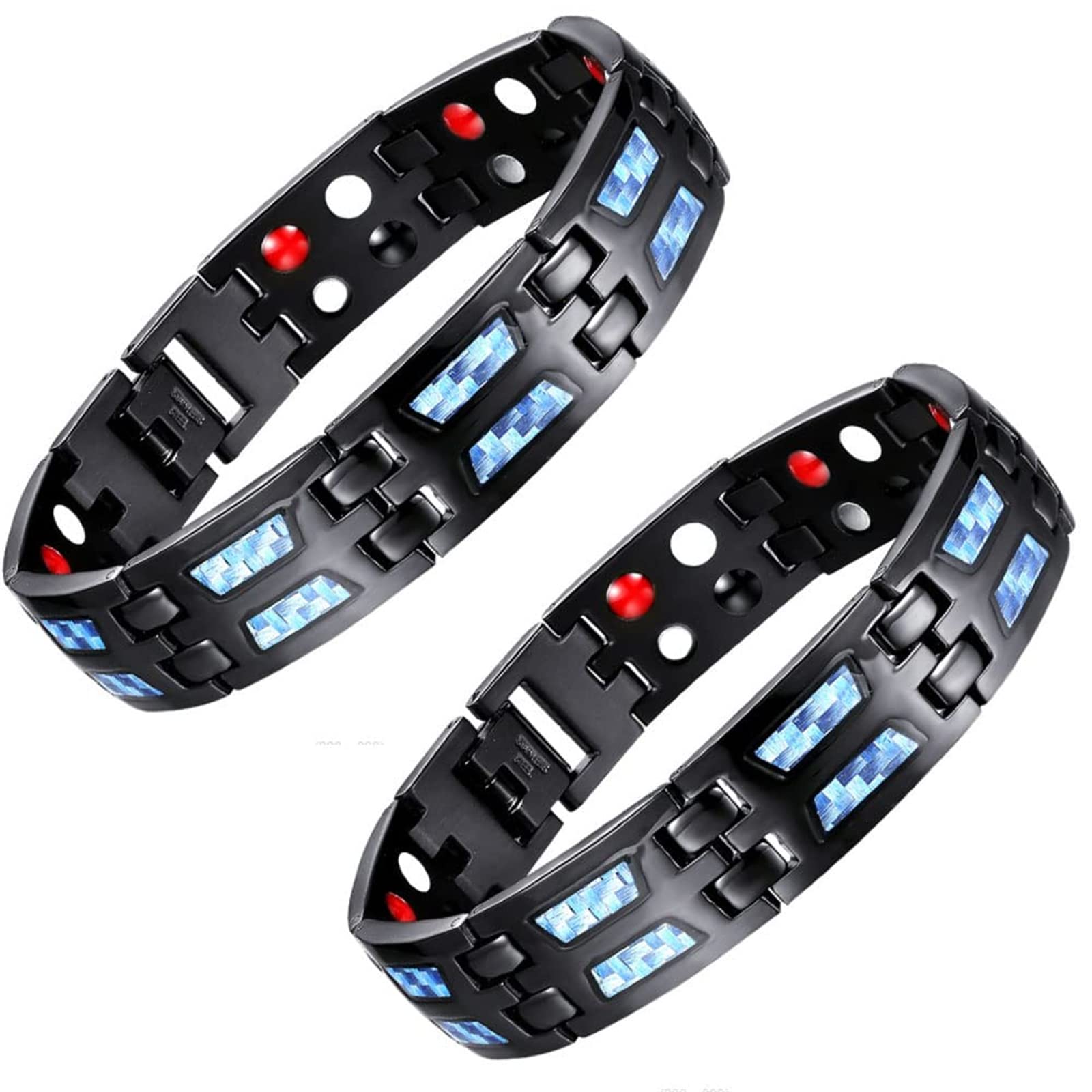 Carbon Blue Titanium Magnetic Therapy Bracelet for Men & Women - Slim Fit Magnetic Bracelet with Weight Loss Benefits - 2 Pack Set - Perfect for Fitness, Yoga & Daily Wellness