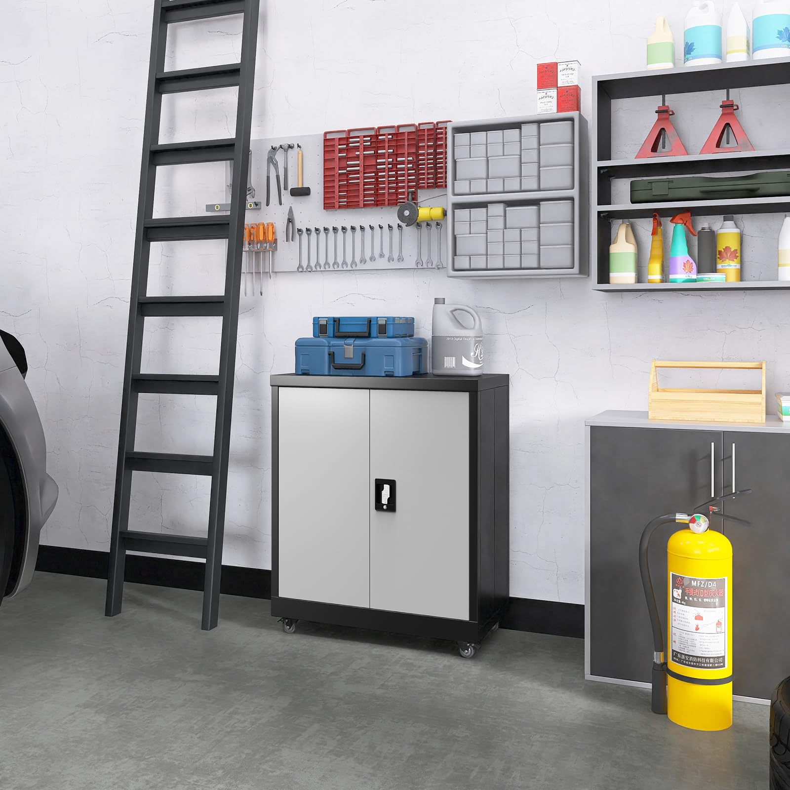 Metal Storage Cabinet with Wheels & Lockable Doors - Adjustable Shelf Steel Garage Cabinet for Office, Home, Classroom - Heavy Duty Black & Grey Storage Organizer for Tools, Supplies & Equipment