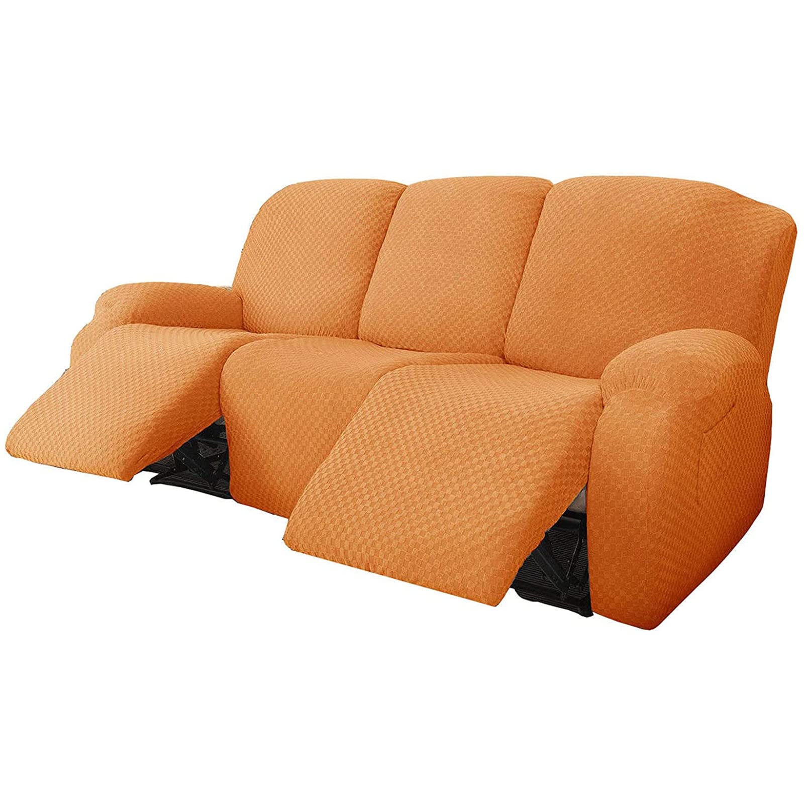 8-Piece Stretch Jacquard Recliner Sofa Cover with Side Pockets & Elastic Bottom - Fits Most Reclining Couches (Orange) - Perfect for Living Room, Family Room & Home Theater Furniture Protection