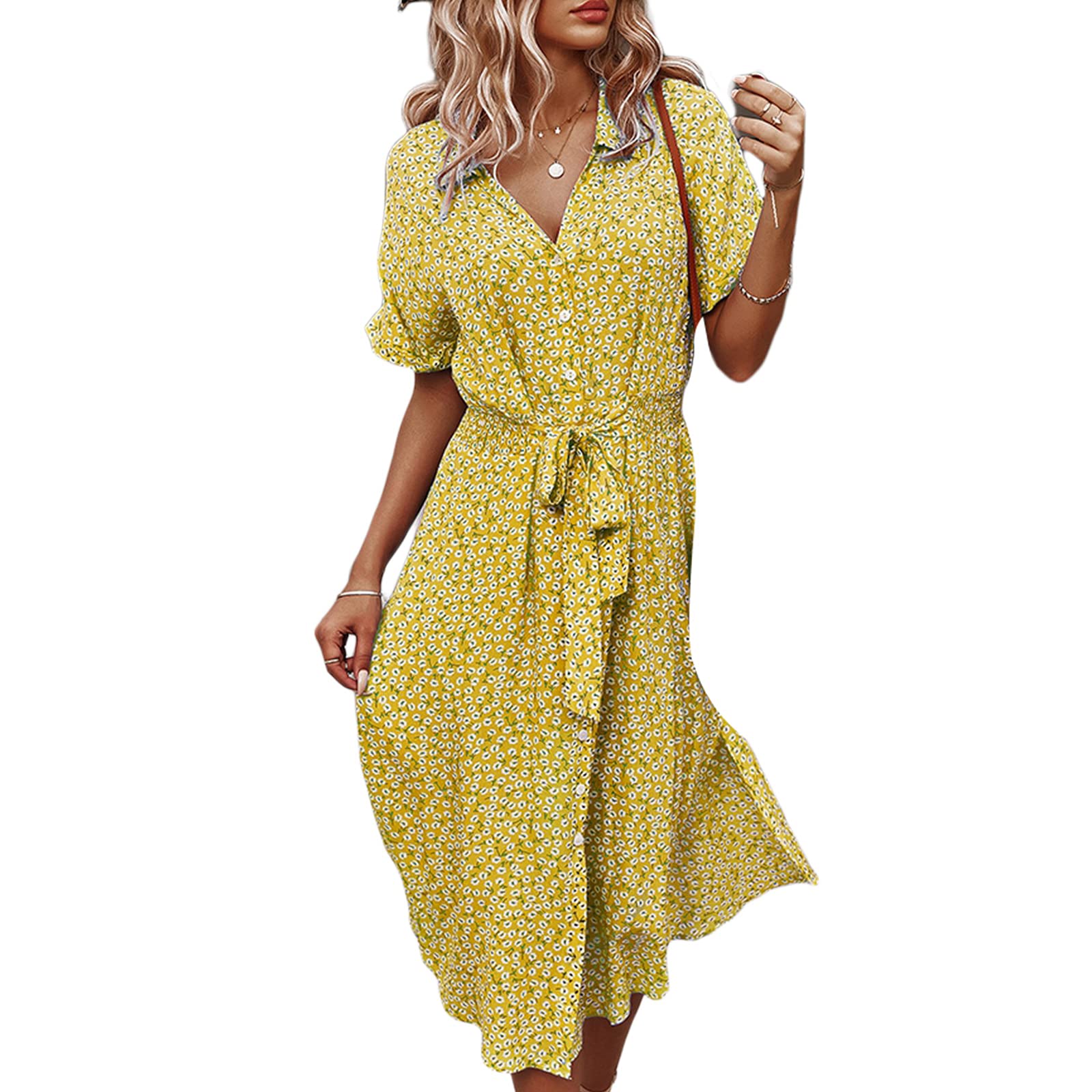 LANTIAN Women's Floral Print Short Sleeve Button Down Midi Dress with Belt - Casual Loose Fit Shirt Dress for Summer, Office & Outdoor Activities