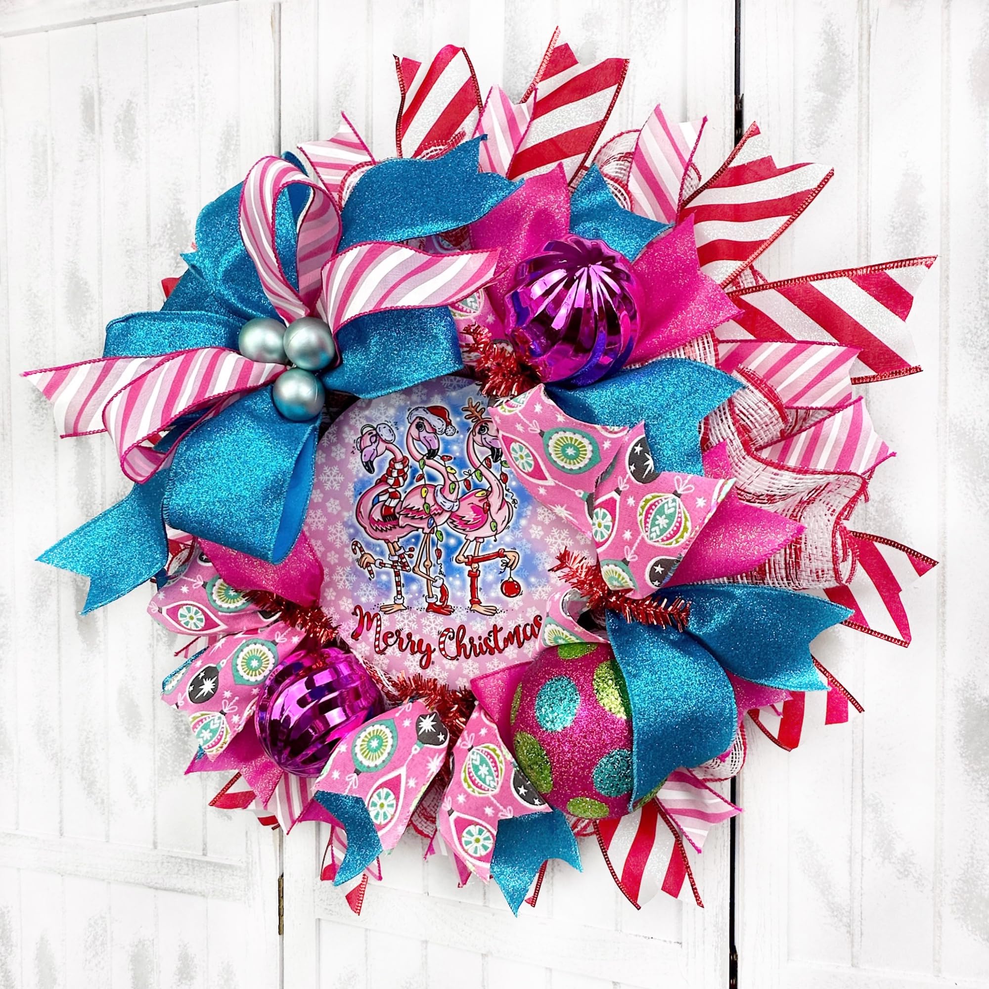 Handmade Coastal Flamingo Christmas Wreath with Ball Ornaments & Bow - Nautical Beach Holiday Door Hanger Decor for Front Door, Porch, and Wall - Perfect for Christmas, Beach House, and Coastal Theme Parties