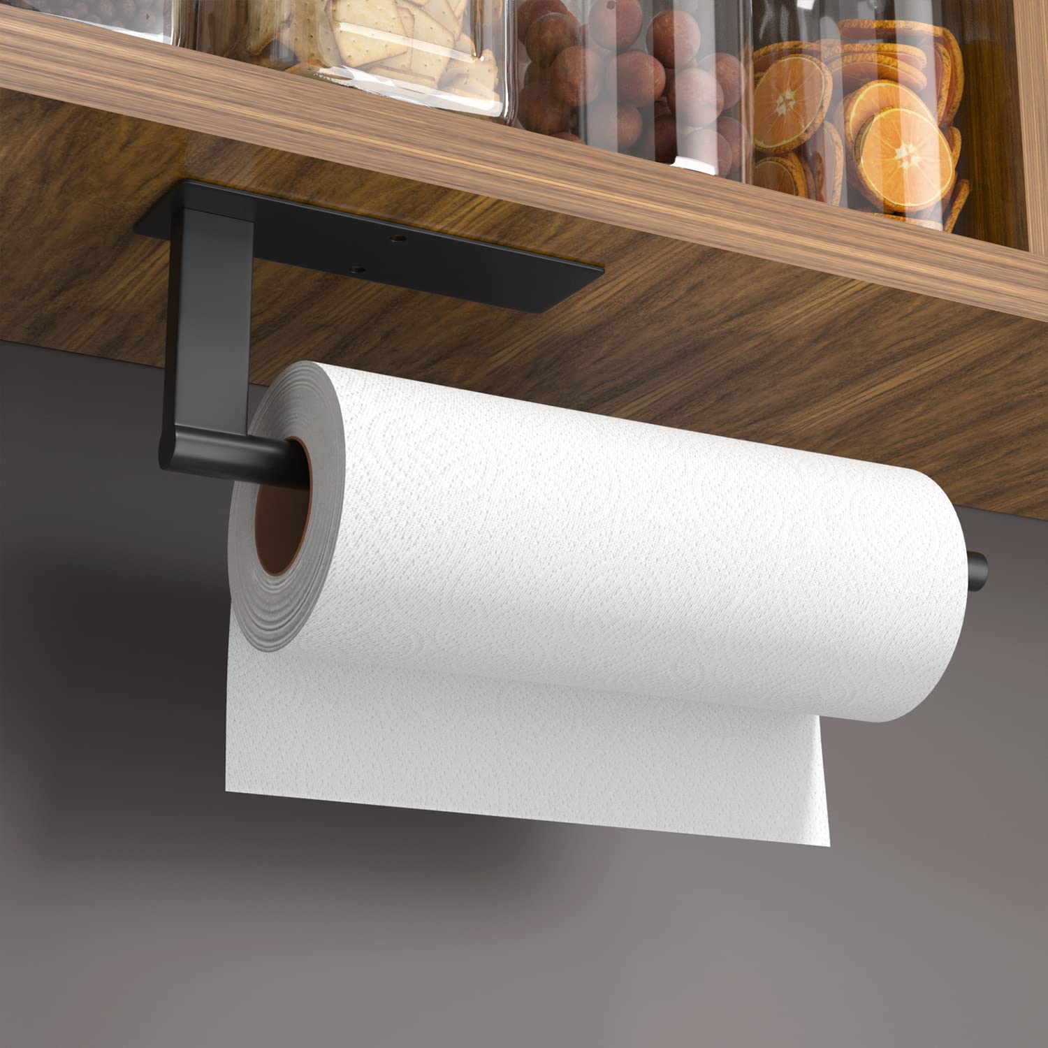 Stainless Steel Under Cabinet Kitchen Roll Holder - Matte Black Paper Towel Rack with Self-Adhesive Mounting for Kitchen, Pantry & Bathroom | Space-Saving Storage Solution for Easy Access to Paper Towels While Cooking or Cleaning