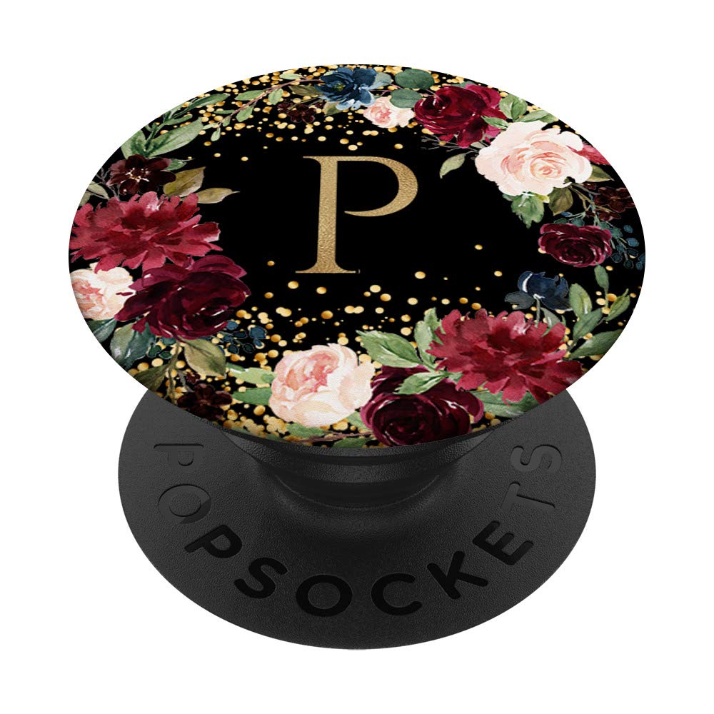 Initial Letter P Black Burgundy Red Floral Wreath Monogram PopSockets PopGrip - Swappable Phone & Tablet Stand with Grip - Perfect for iPhone, Samsung, iPad - Great for Selfies, Video Calls & Secure Holding