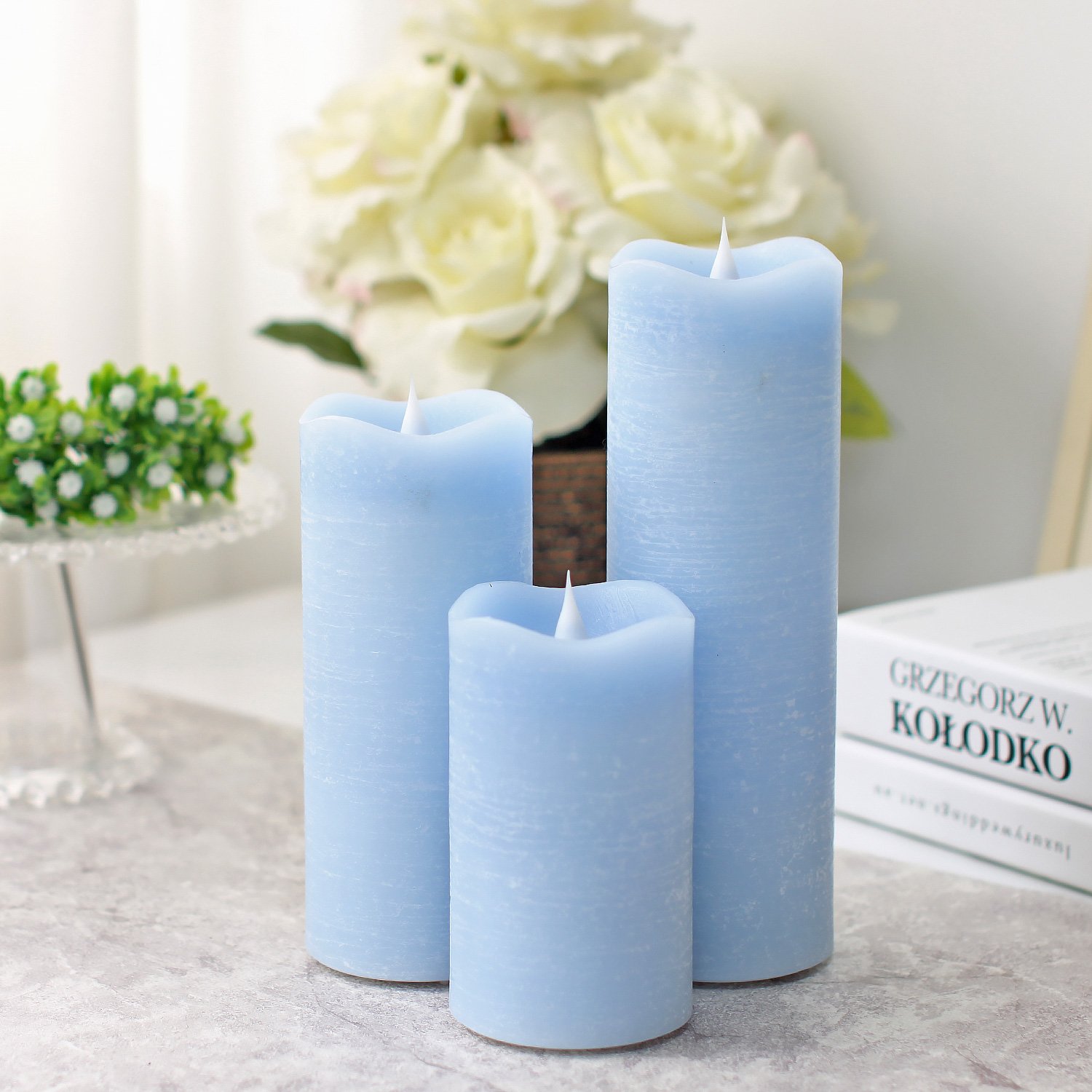 3D Moving LED Flameless Candle with Timer - Real Wax Battery Operated LED Candles (3 x 7 Inches, Blue) for Home Decor, Wedding Centerpieces, Romantic Dinner Lighting & Holiday Ambiance