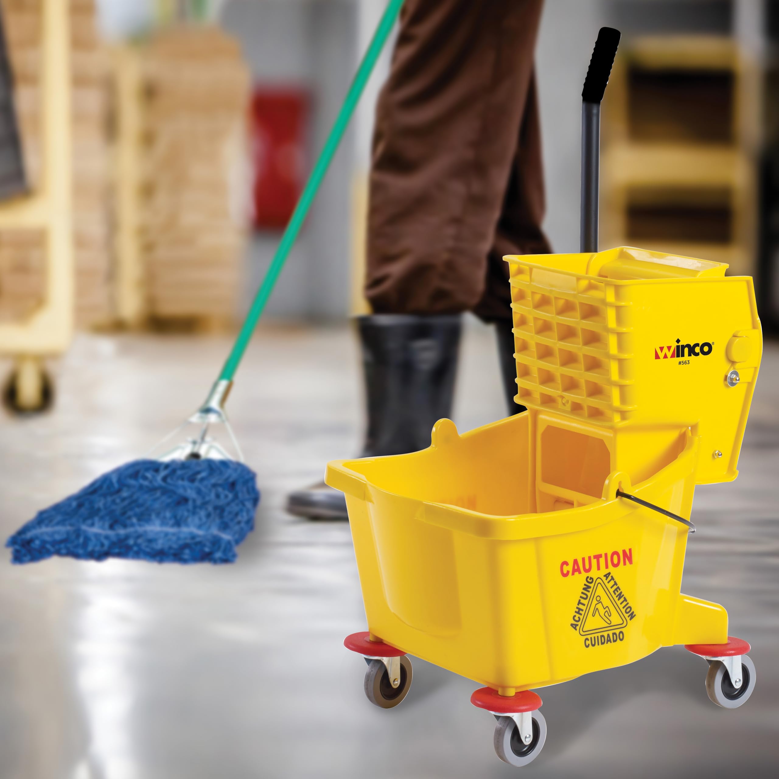 Winco 26 Quart Yellow Commercial Mop Bucket with Wheels - Heavy Duty Rolling Cleaning Bucket for Janitors, Hospitals & Schools