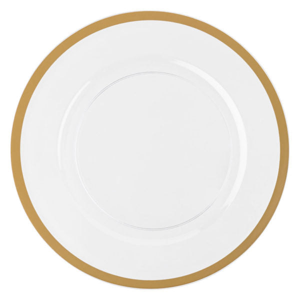 13″ Clear & Gold Rim Plastic Charger Plates - Set of 4 - Elegant Round Dinner Plates for Weddings, Parties & Formal Dining