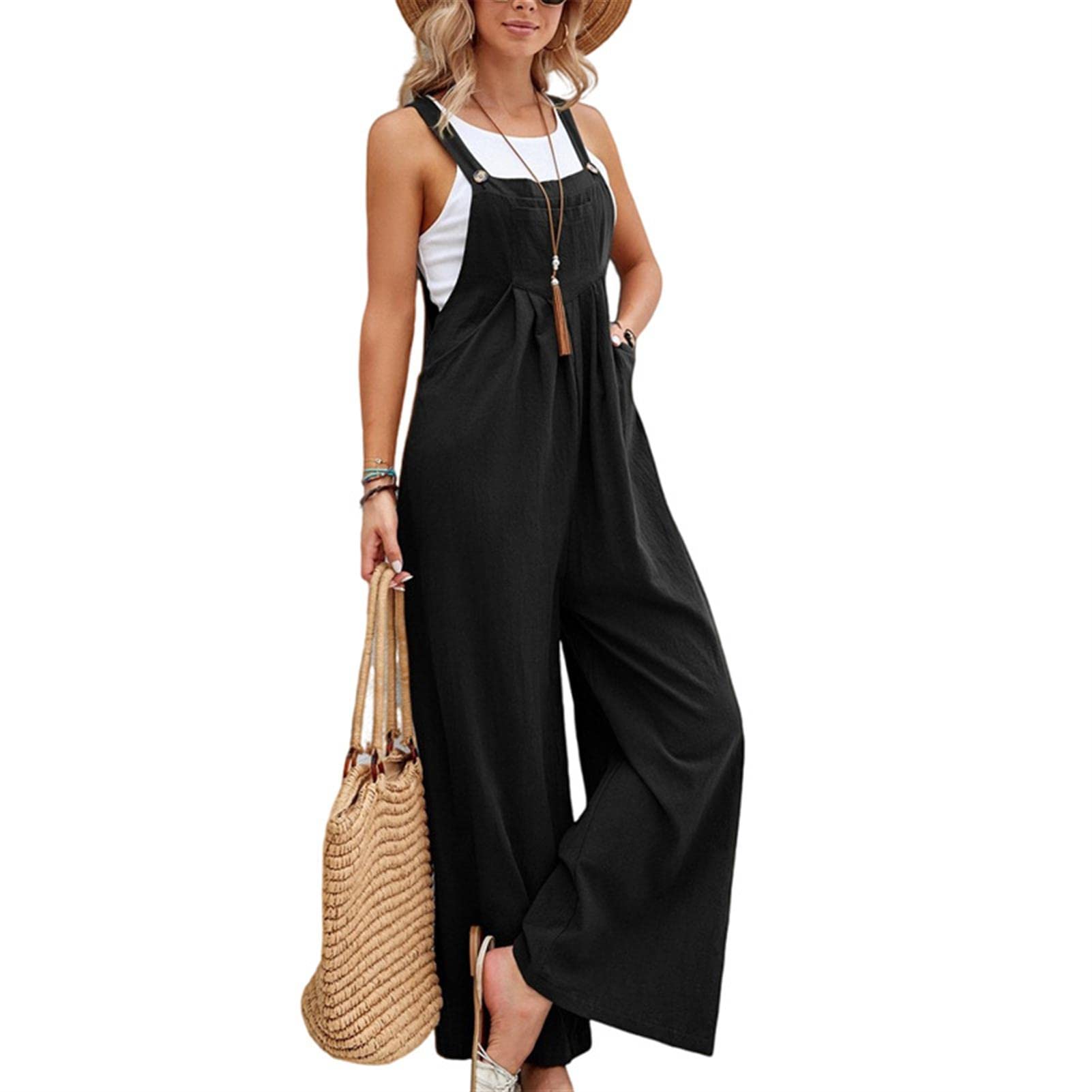 Women's Loose Fit Fashion Overalls - Wide Leg Baggy Bib Jumpsuit with Straps | Solid Color Casual Sleeveless Romper | Perfect for Streetwear, Summer Outfits & Boho Chic Style