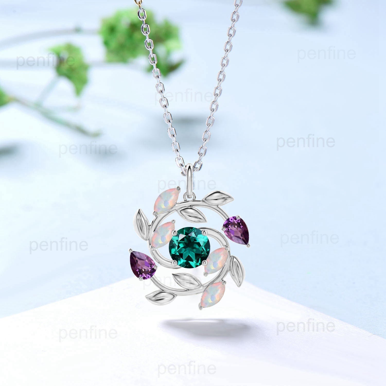 5mm Round Nature Inspired Emerald Necklace with Marquise White Opal, Pear Amethyst & Flower Pendant - Unique Snowflake Design Anniversary Gift for Women | Perfect for Weddings, Parties & Special Occasions