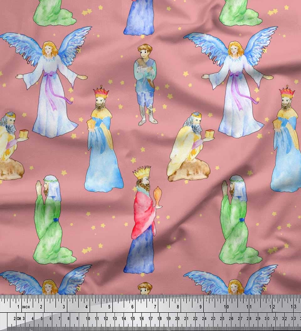 Soimoi 42 Inch Wide Satin Silk Fabric - King & Angel Watercolor Print for Sewing, Dresses, Scarves & Home Decor | Premium Quality Fabric by the Yard