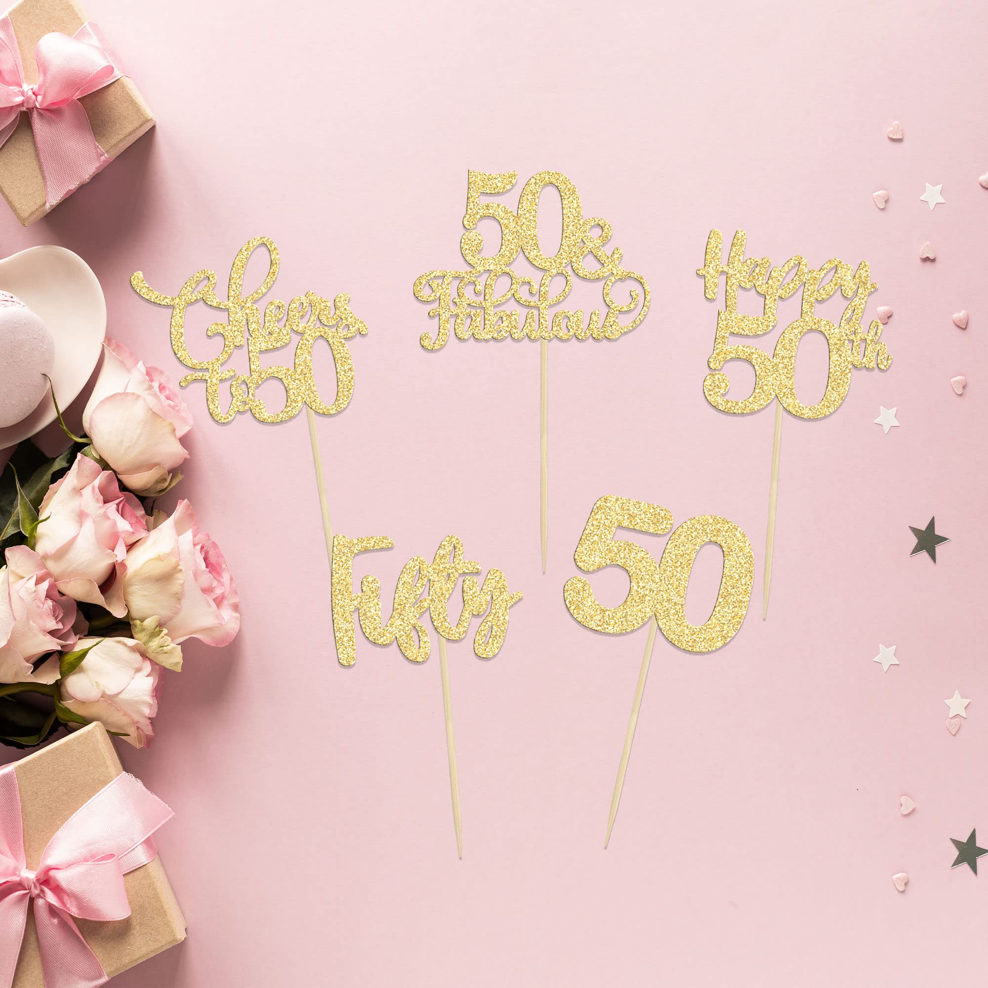 30 Pack Gold Glitter 50th Birthday Cupcake Toppers - 