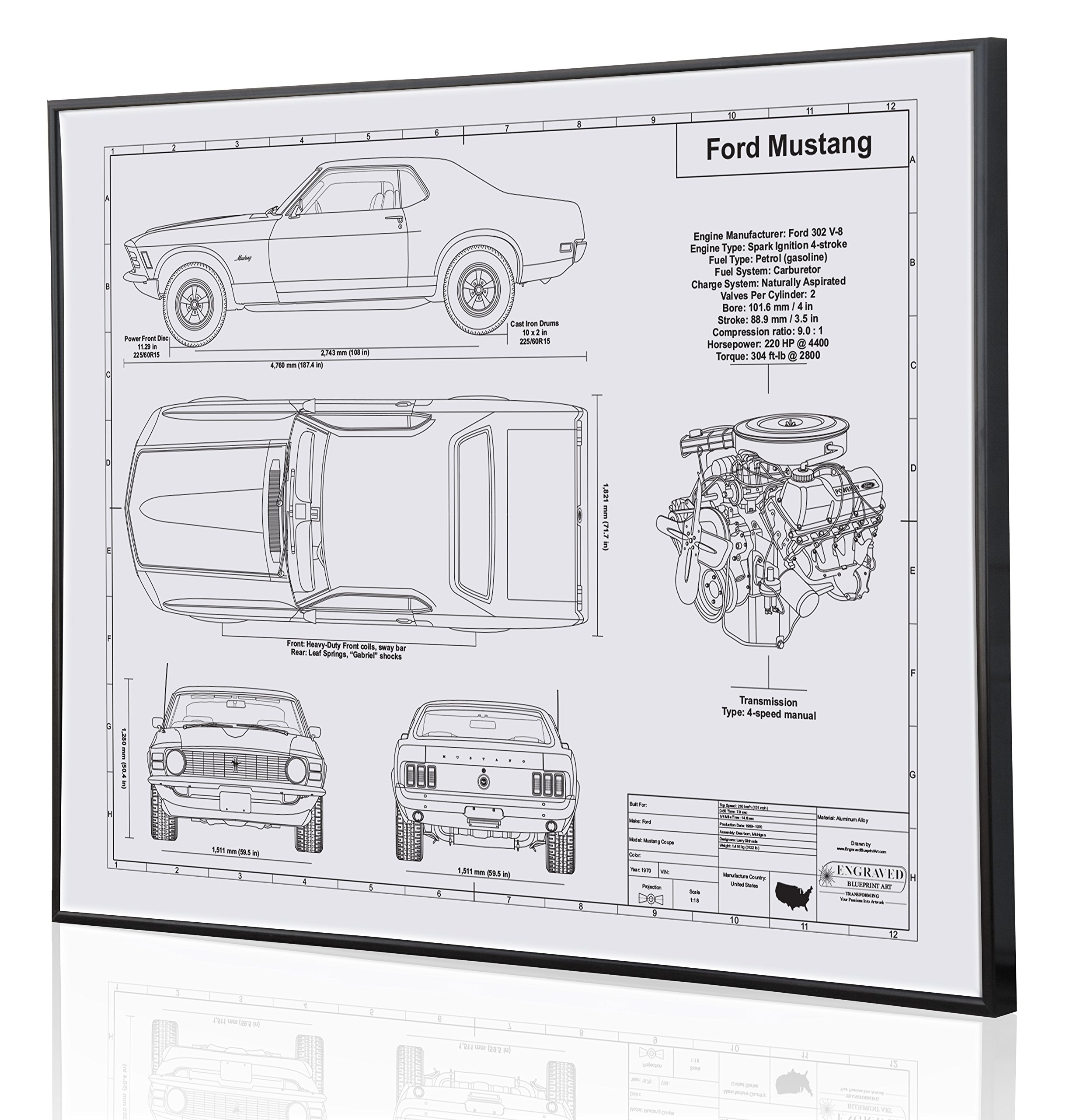 1970 Ford Mustang Blueprint Artwork - Laser Engraved & Personalized Gift for Ford Enthusiasts - Perfect for Home, Office Decor & Car Lover Presents