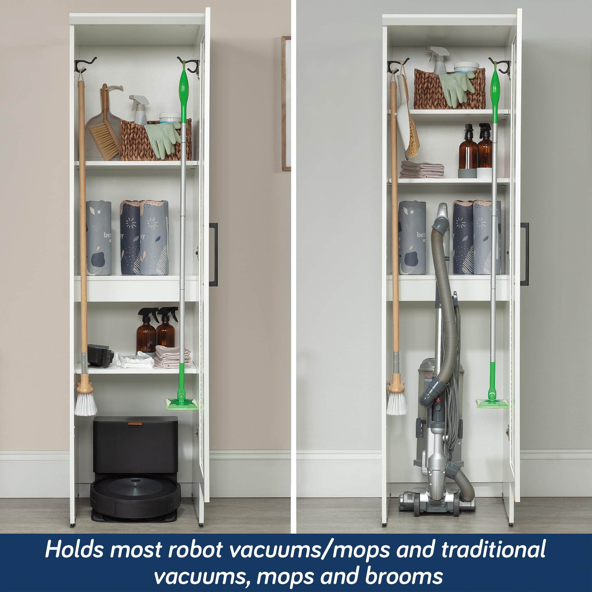 Sauder HomePlus Single Door Kitchen Pantry Storage Cabinet with Adjustable Shelves - White Laundry Organizer & Robot Vacuum Storage | Perfect for Small Spaces, Apartments & Closet Organization