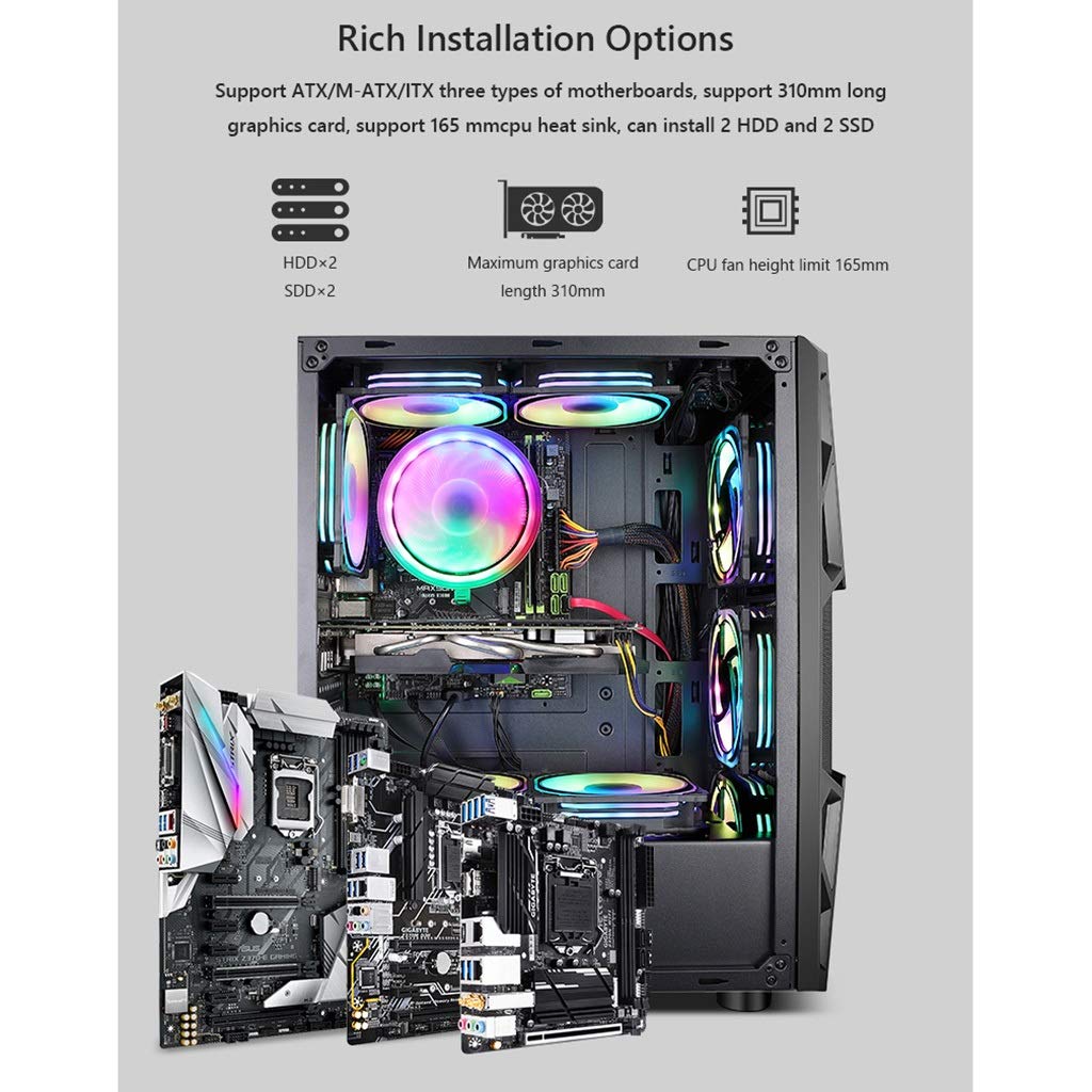 Mid-Tower ATX Gaming PC Case with 15 LED Fans, USB 3.0 Port & Acrylic Side Panel - Supports M-ATX/ITX, Water Cooling Ready (Blue LED, 6 Fan Size) - Perfect for High-Performance Gaming Rigs & Custom PC Builds