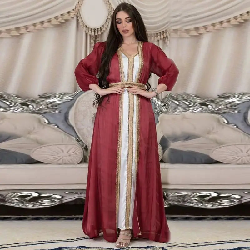 Elegant 2-Piece Eid Dress Set - Hotfix Rhinestone Satin Open Abaya Kaftan with Matching Sleeveless Inner Dress | Perfect for Eid Celebrations, Weddings & Special Occasions