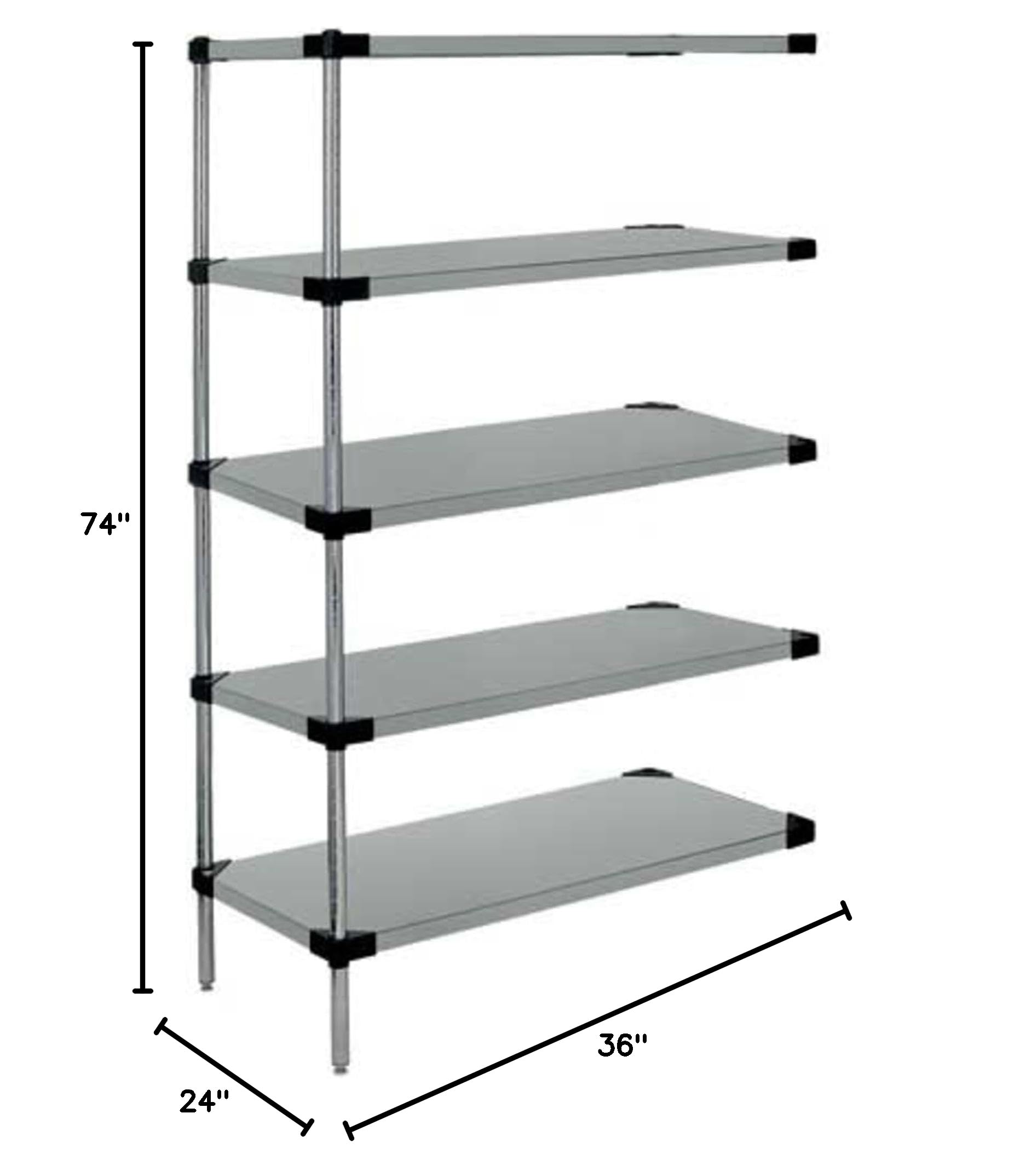Stainless Steel 5-Tier Solid Shelf Add-On Kit 74 Inch - Heavy Duty Storage Rack for Garage, Kitchen, Pantry & Commercial Use