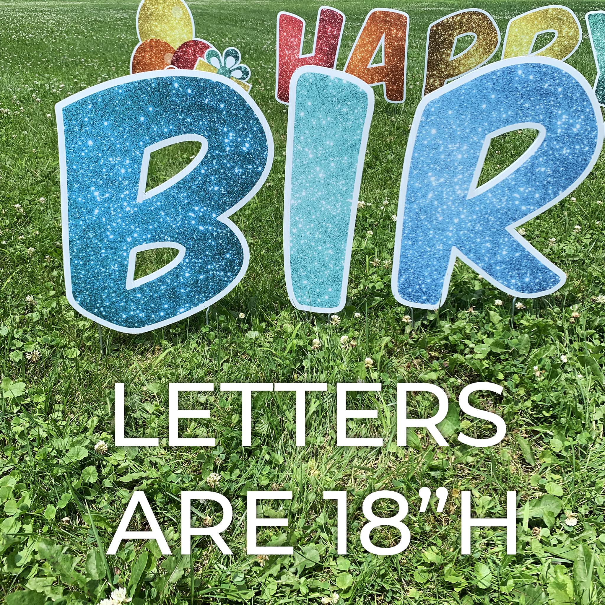 VictoryStore Rainbow Sparkle Happy Birthday Yard Decorations - 17pcs Outdoor Party Letters with Stakes (Custom Name Option) for Backyard Celebrations, Graduations & Special Events