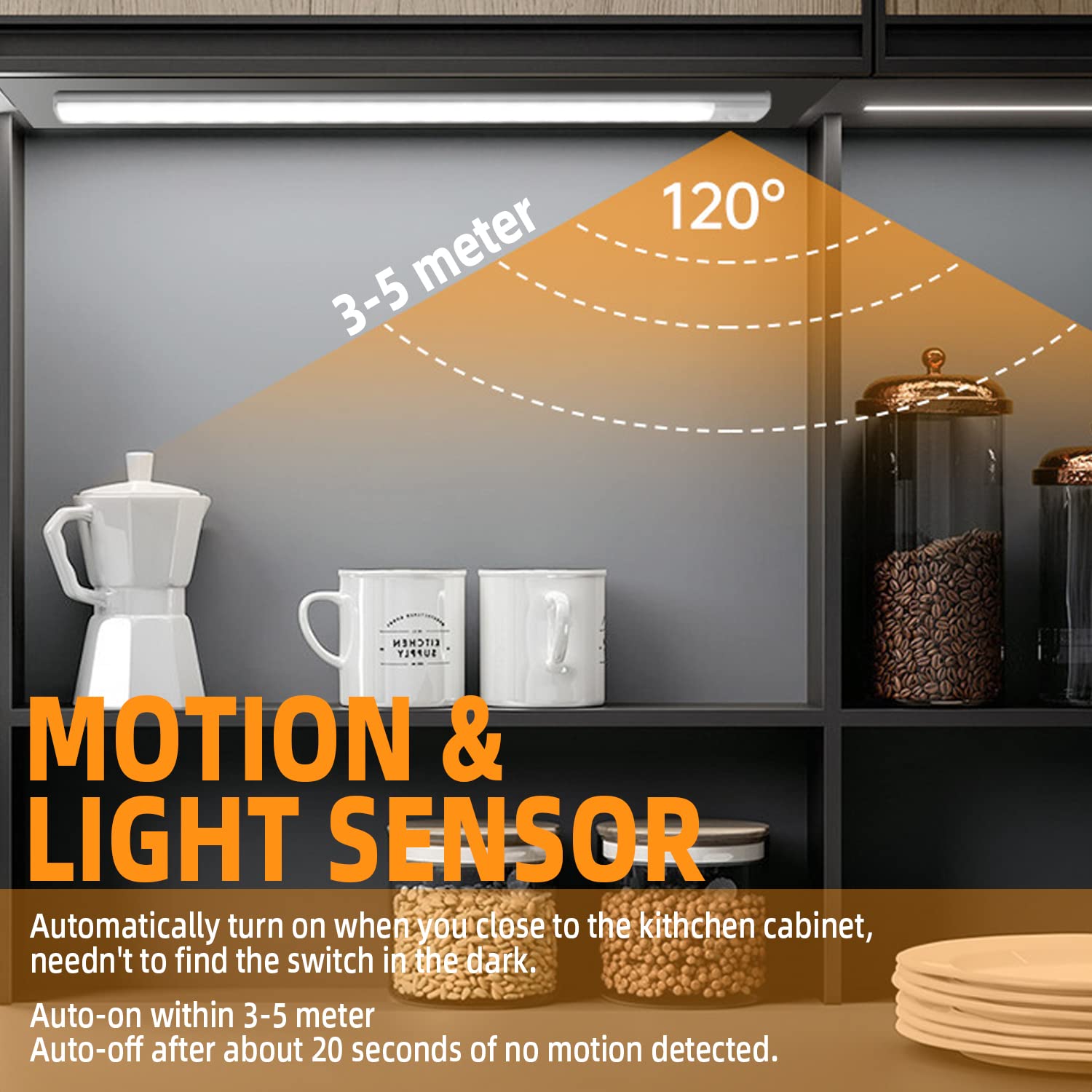 Lychico 40 LED Motion Sensor Under Cabinet Lights (20cm, 6000K Cool White) - USB Rechargeable Battery Powered Night Lights with Magnetic Strip - Pack of 4 - Perfect for Kitchen, Closet, Stairway & Bedroom Lighting