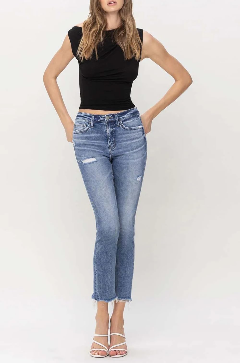 Flying Monkey Women's High Rise Slim Straight Jeans with Raw Hem - F5160 | Comfortable & Stylish for Casual Wear, Work & Everyday Outfits